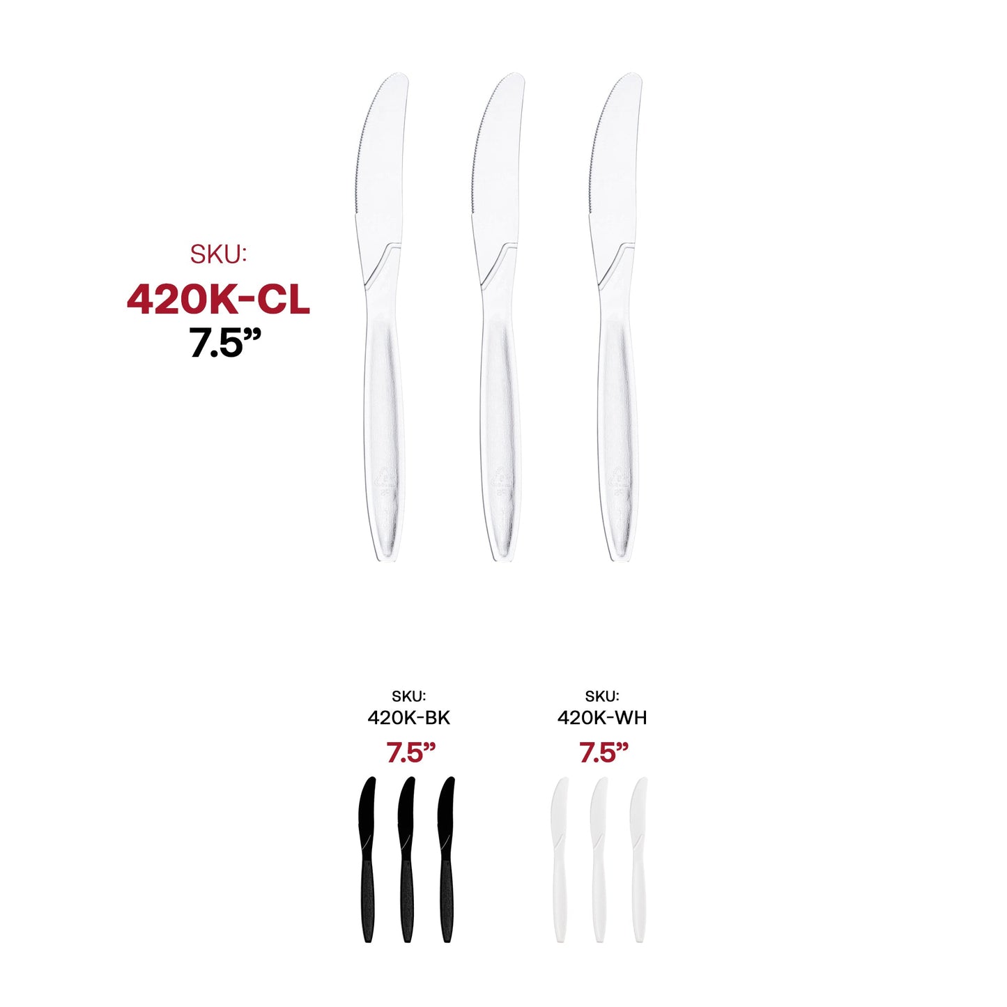 Transparent 7.5-inch plastic knives, designed for easy handling and versatile food service use