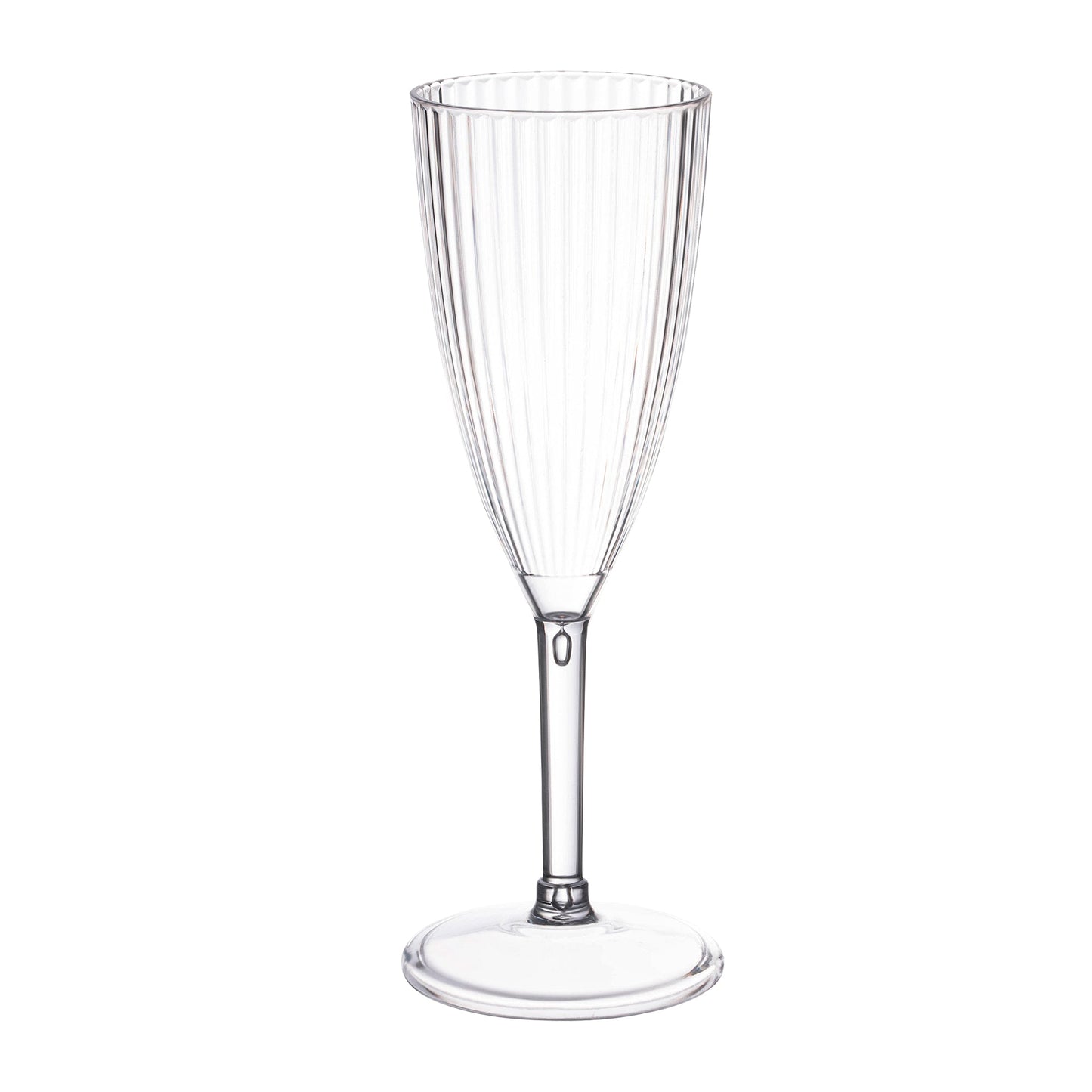 Transparent round disposable plastic champagne flutes, 8 oz capacity, featuring a sleek striped design