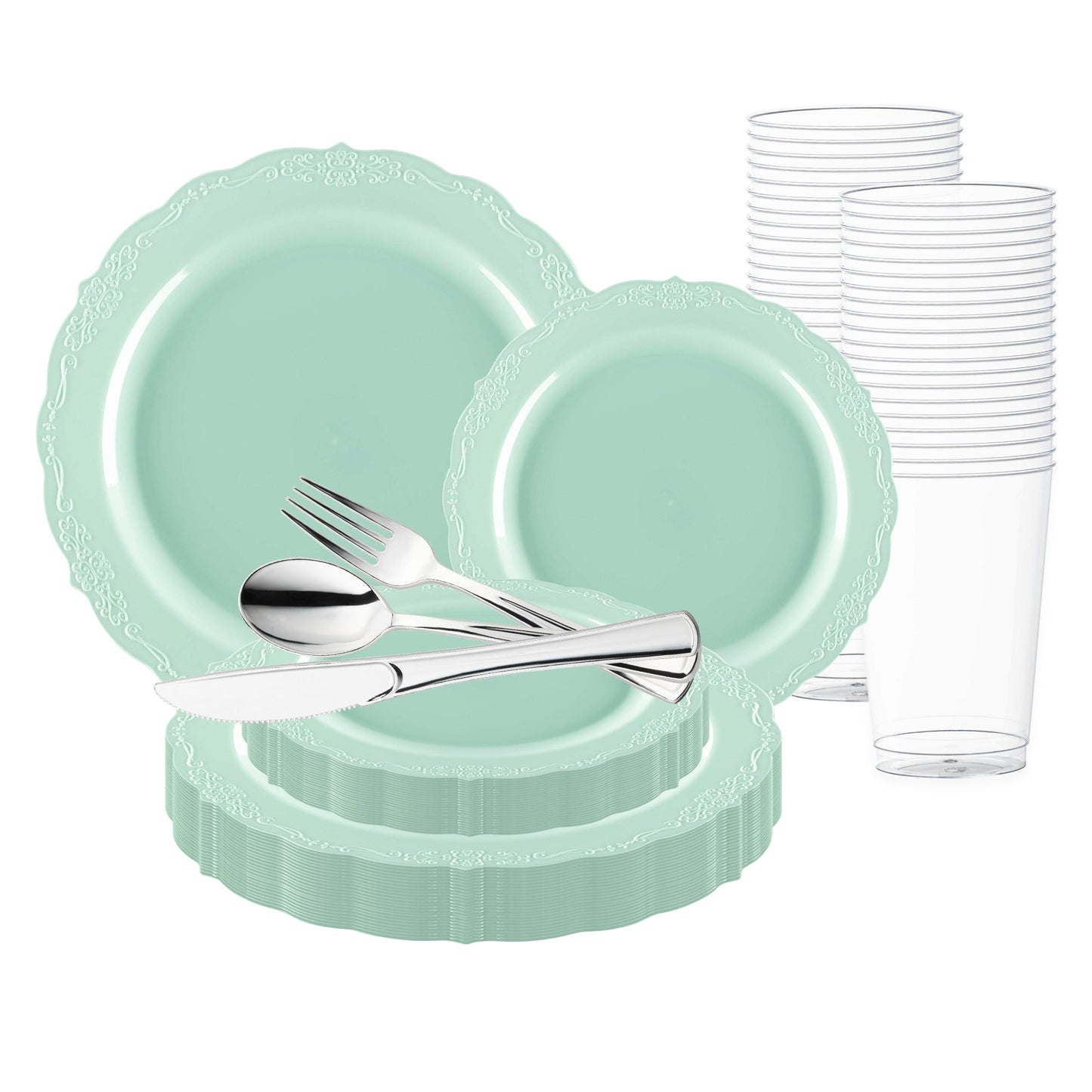 Turquoise Vintage Round Disposable Plastic Wedding Value Set with silver cutlery adds bold charm to elegant events
