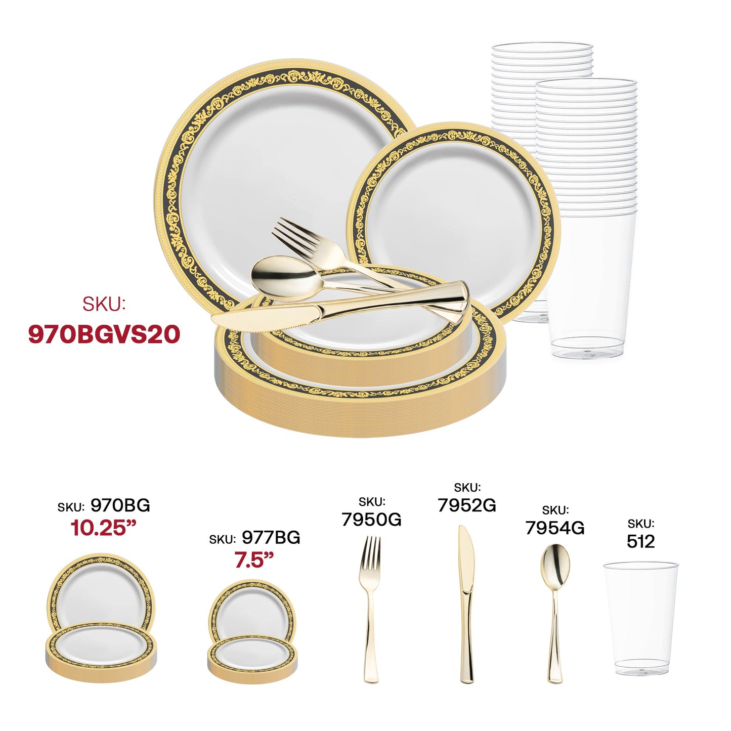 Upscale event décor created with the White with Black and Gold Royal Rim Wedding Set for luxurious, bold receptions