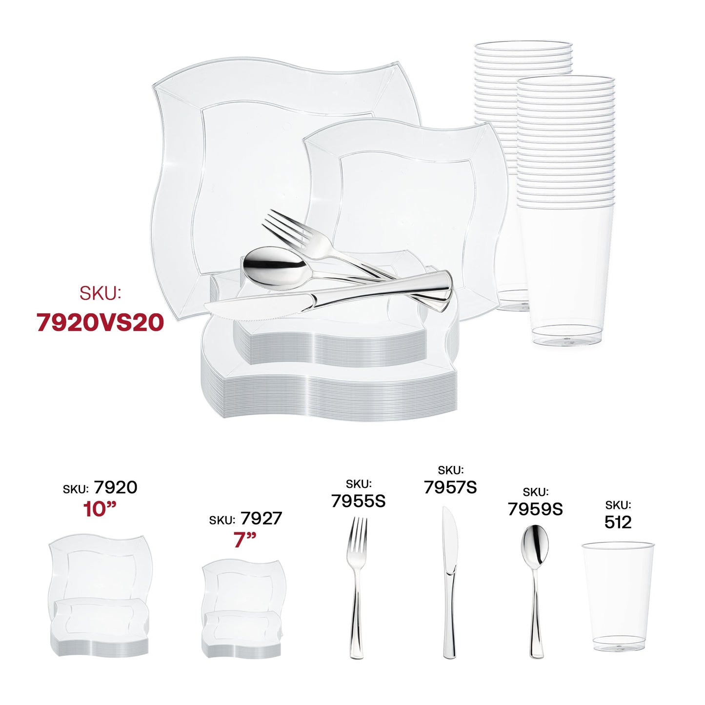 Upscale event décor with the Clear Wave Plastic Wedding Value Set and silver cutlery for sophisticated receptions