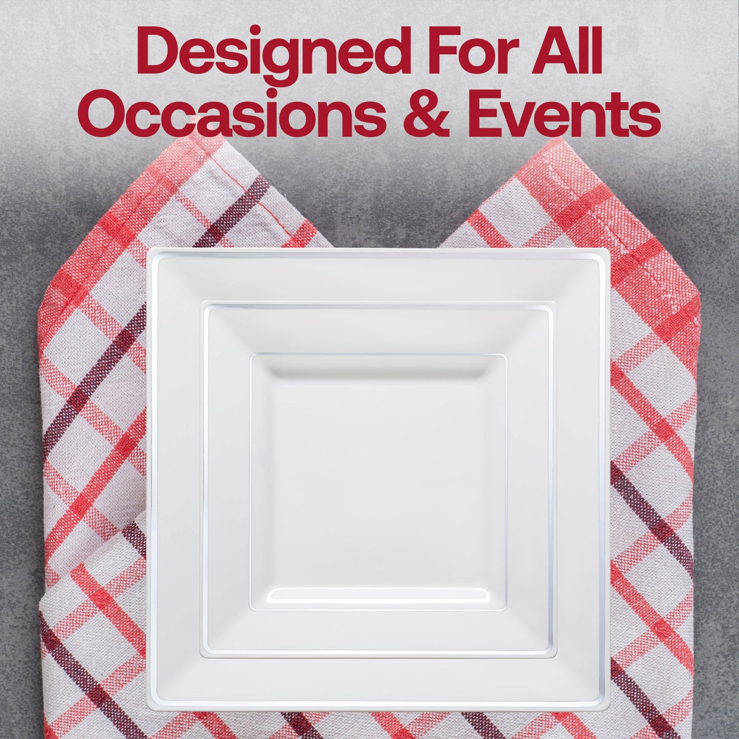 Upscale event table styled with the White with Silver Square Edge Rim Plastic Wedding Value Set, adding sleek charm to every occasion