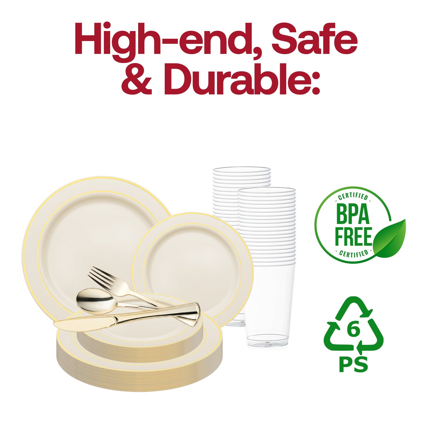 Upscale party ambiance featuring the Ivory with Gold Edge Rim Plastic Wedding Value Set for sophisticated occasions