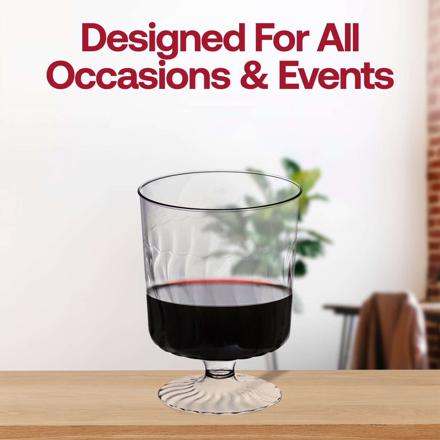 Versatile 8 oz. clear plastic pedestal wine glasses, perfect for wine, cocktails, or sparkling beverages at parties, weddings, and formal events