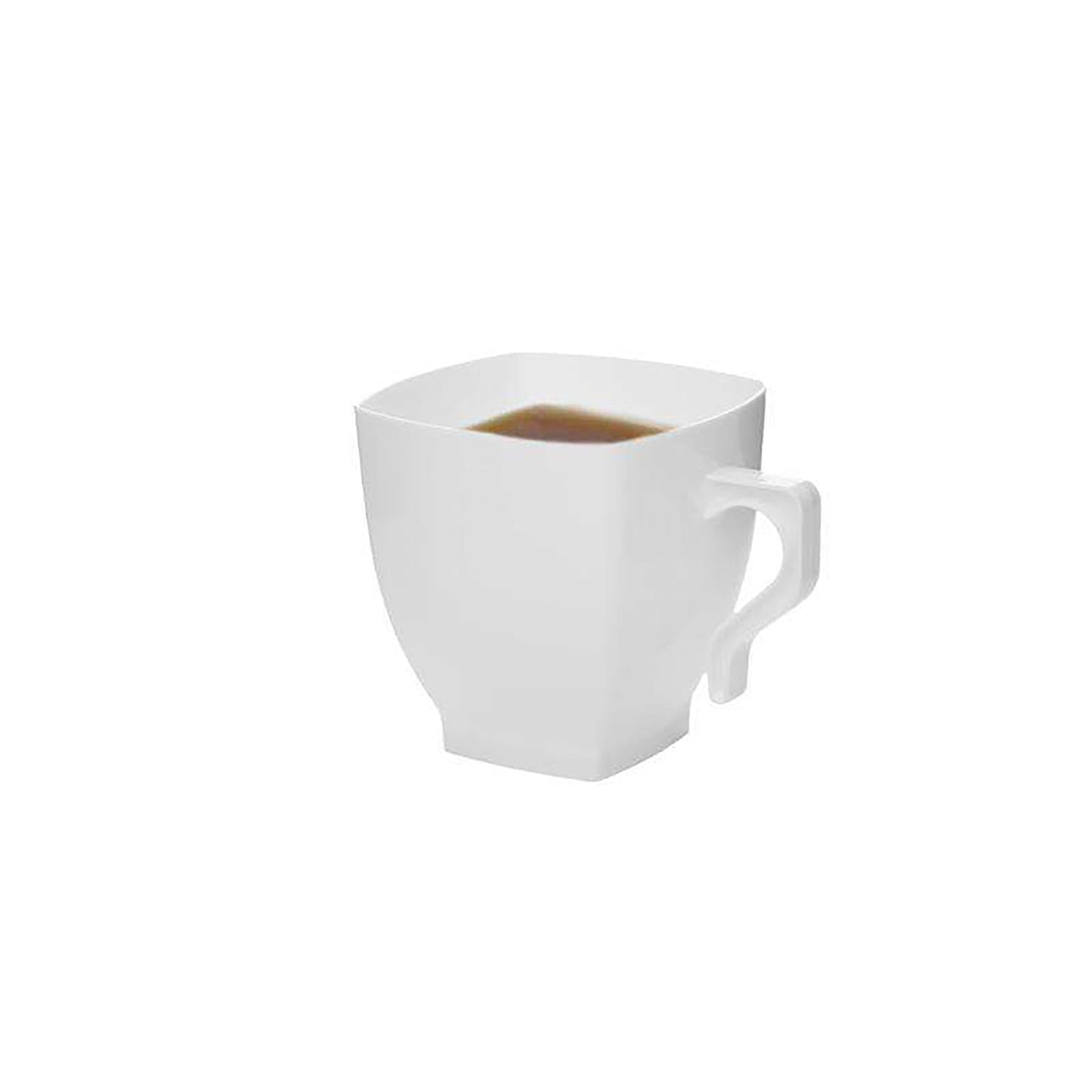 Versatile 8 oz. white plastic square coffee mugs, perfect for hot or cold drinks, suitable for parties, catering, and everyday use