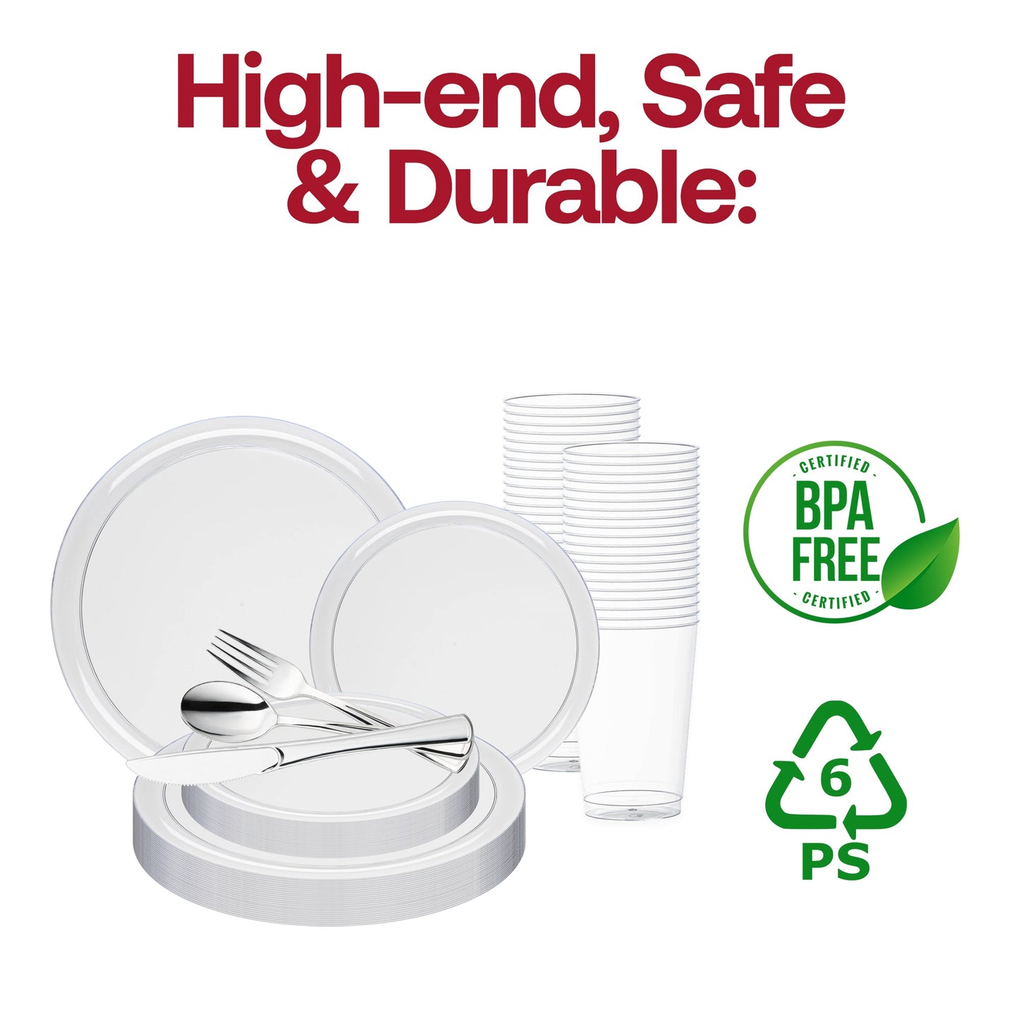 Versatile clear plastic wedding set with round plates and cups, suitable for formal and casual gatherings alike