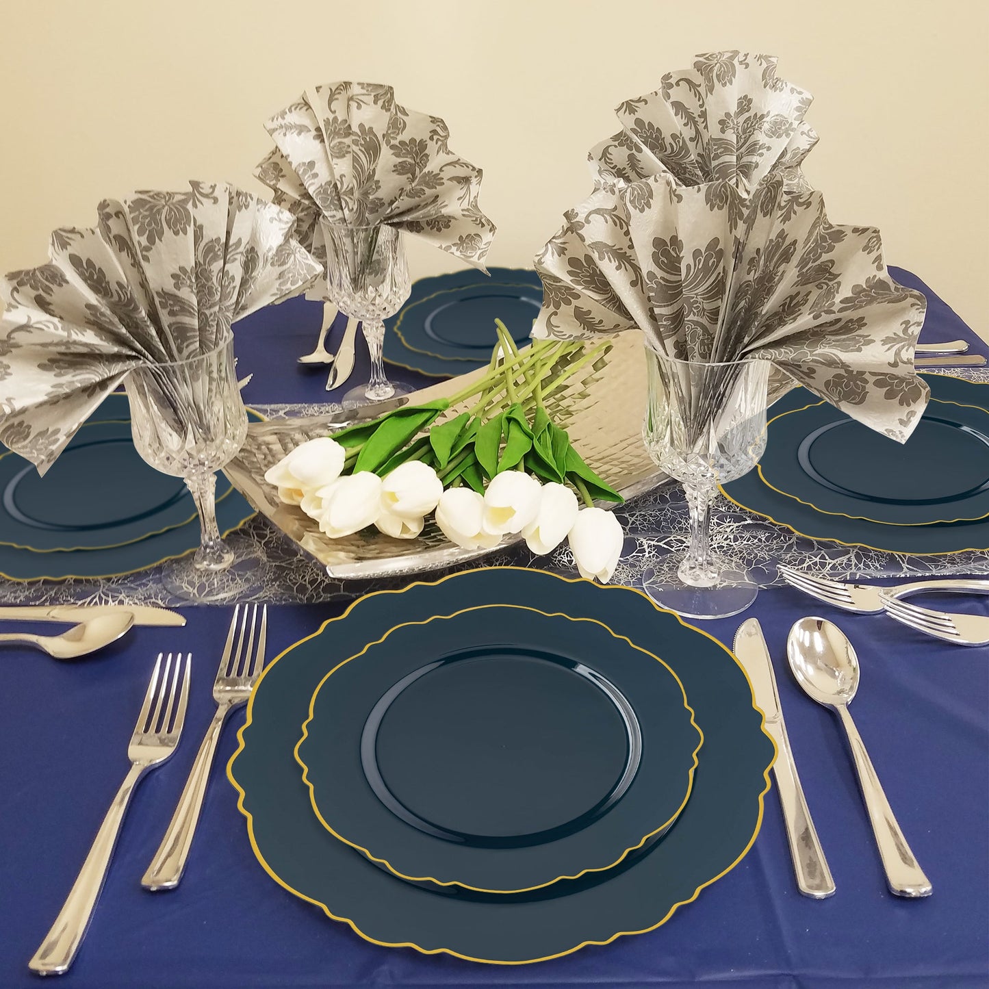 Visual comparison of the 10-inch dinner plate and 7.25-inch salad plate with SKU codes, showcasing the navy and gold blossom design