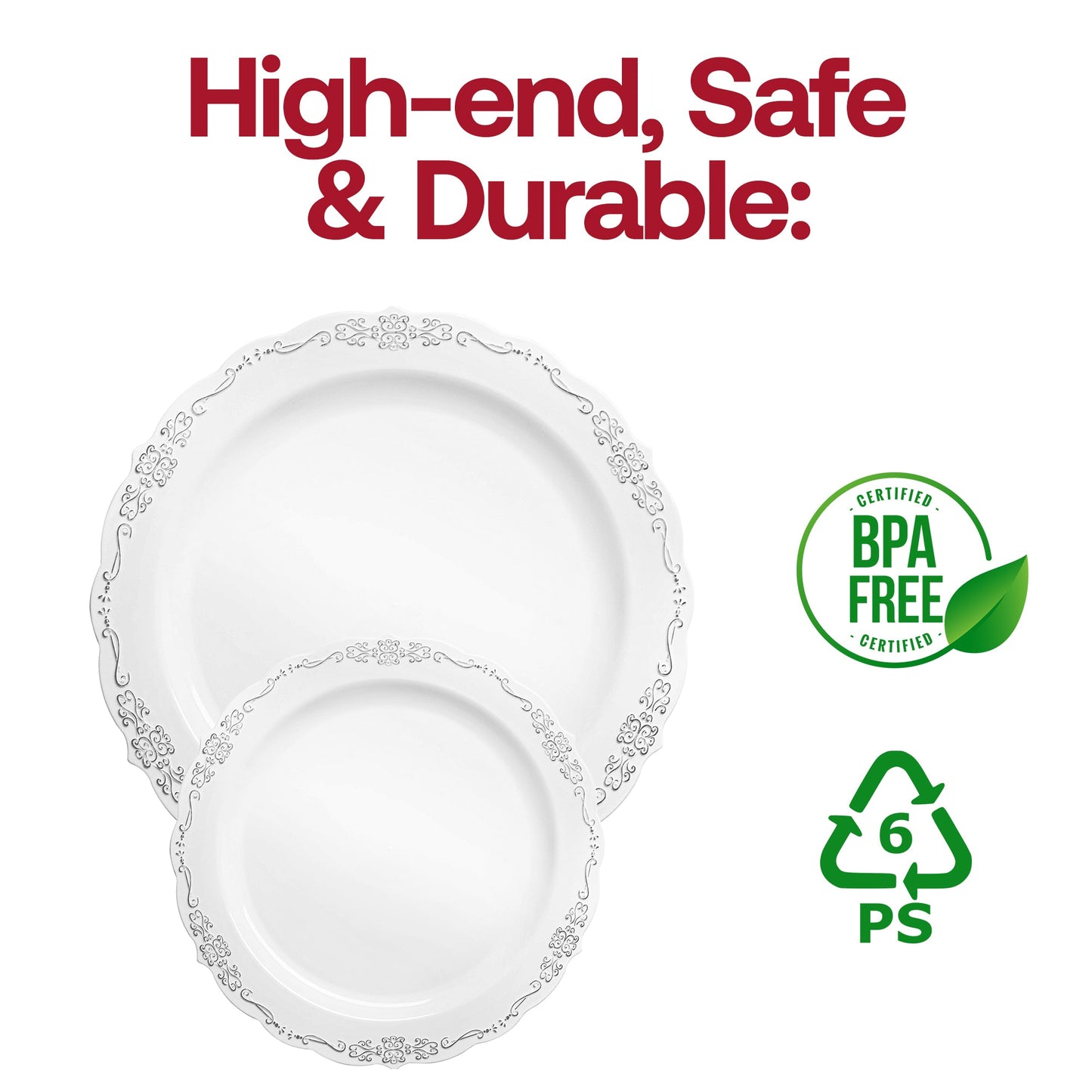 White with Silver Vintage Rim Round Disposable Plastic Dinnerware Value Set BPA | Smarty Had A Party