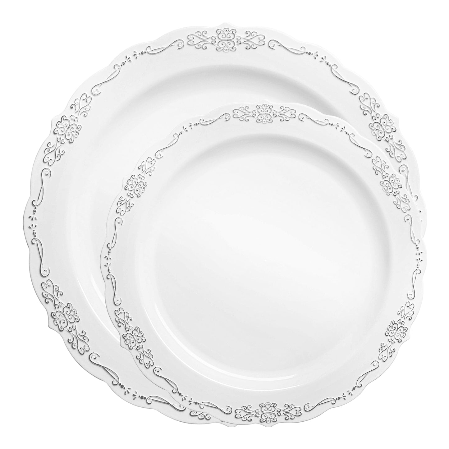 White with Silver Vintage Rim Round Disposable Plastic Dinnerware Value Set Secondary | Smarty Had A Party