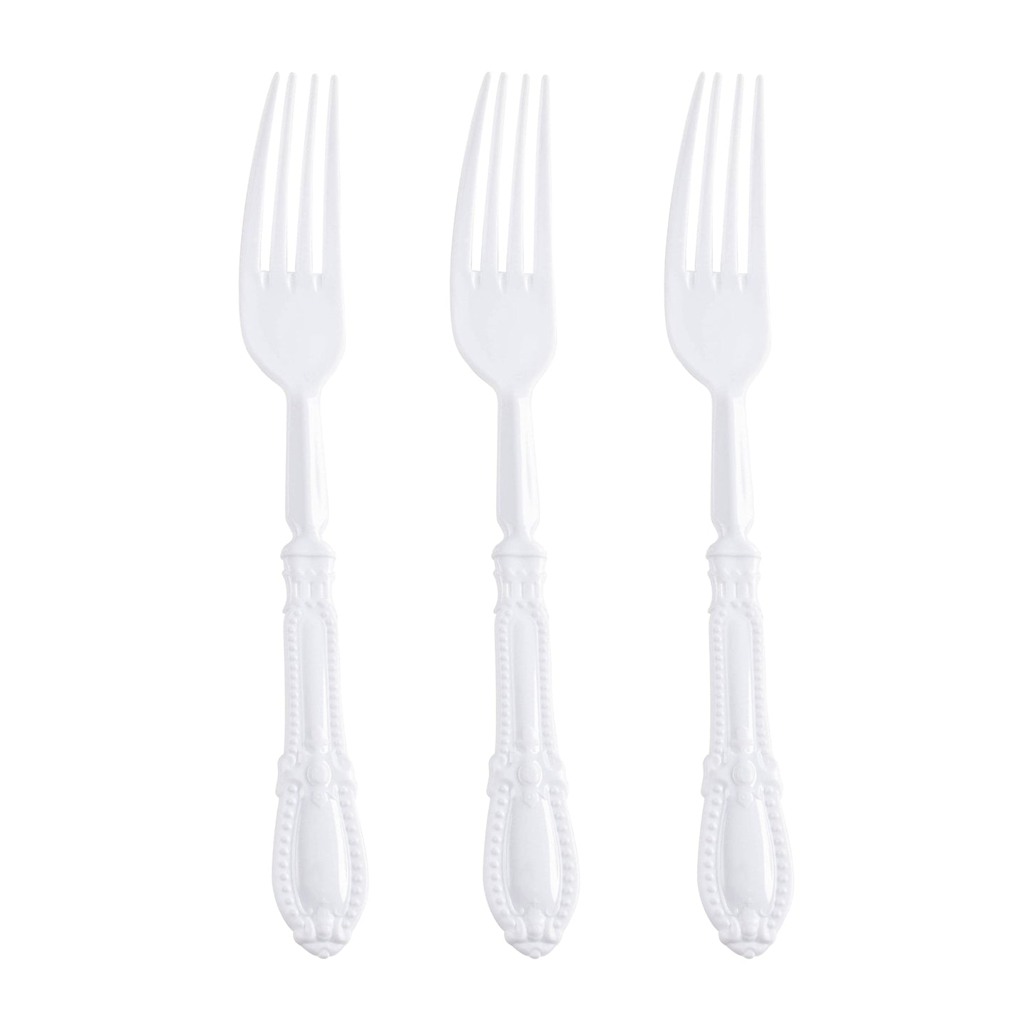 White Baroque plastic dinner forks, 8 inches, perfect for weddings, banquets, and sophisticated table settings