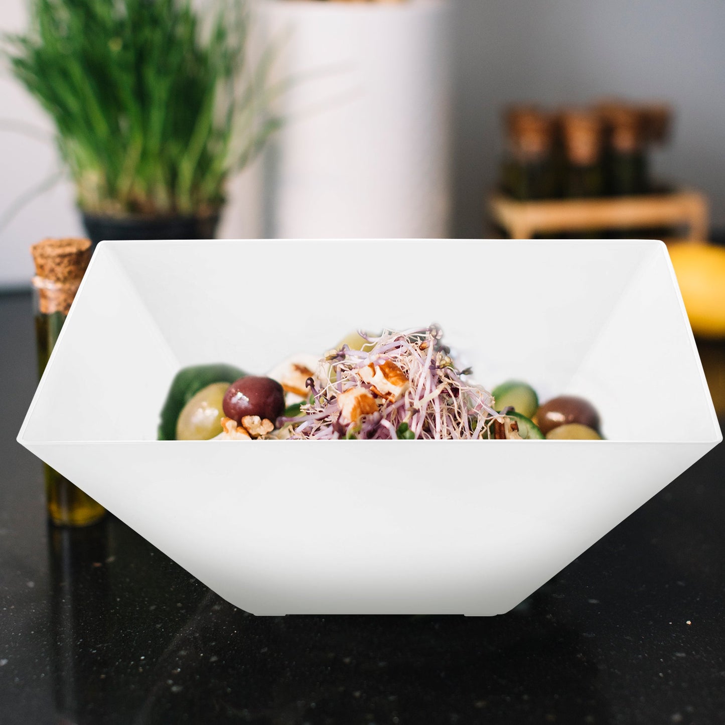 White Square Bowls carried cold pasta and mixed greens at catered events.