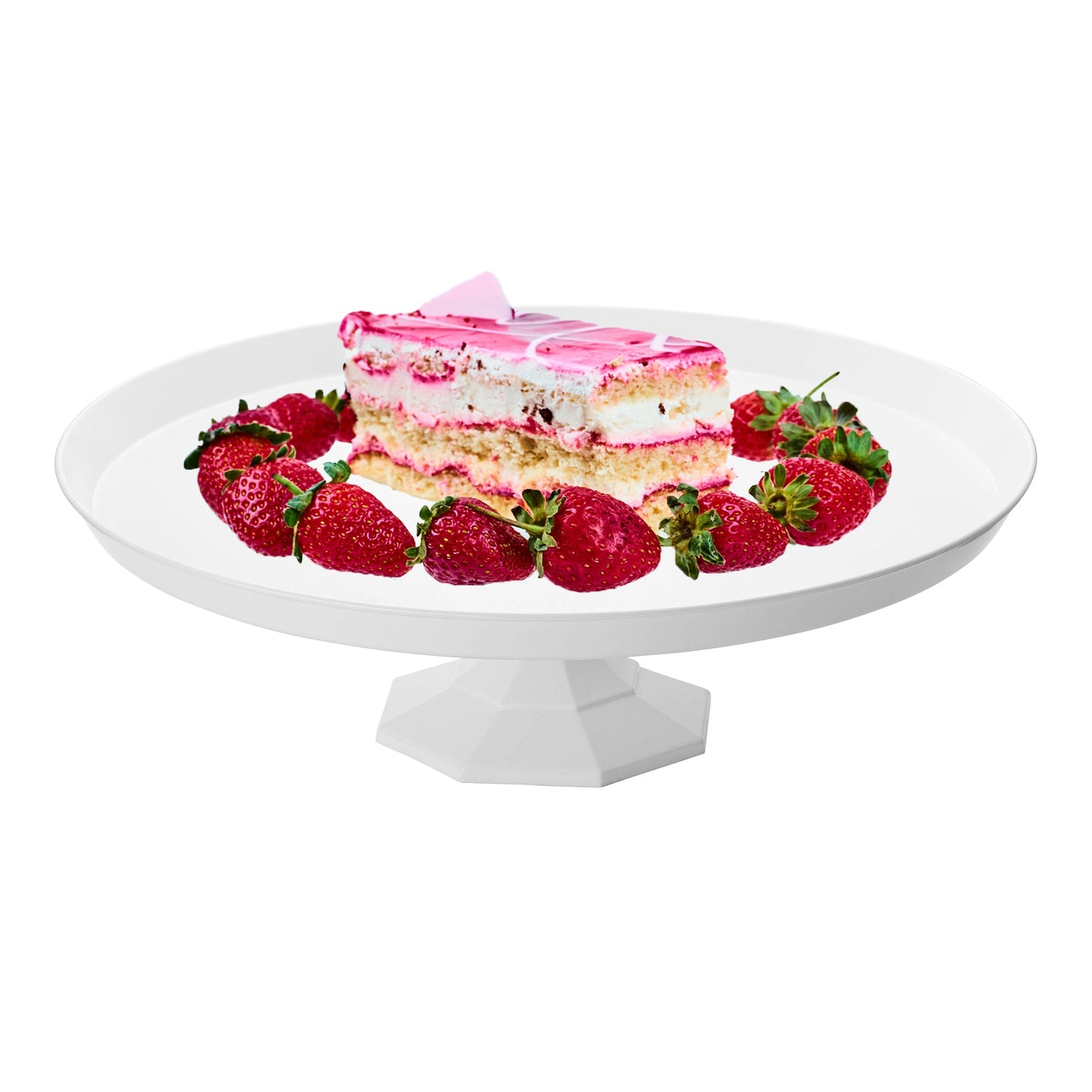 White cake stand holding a small cake topped with strawberries, ideal for stylish dessert presentation