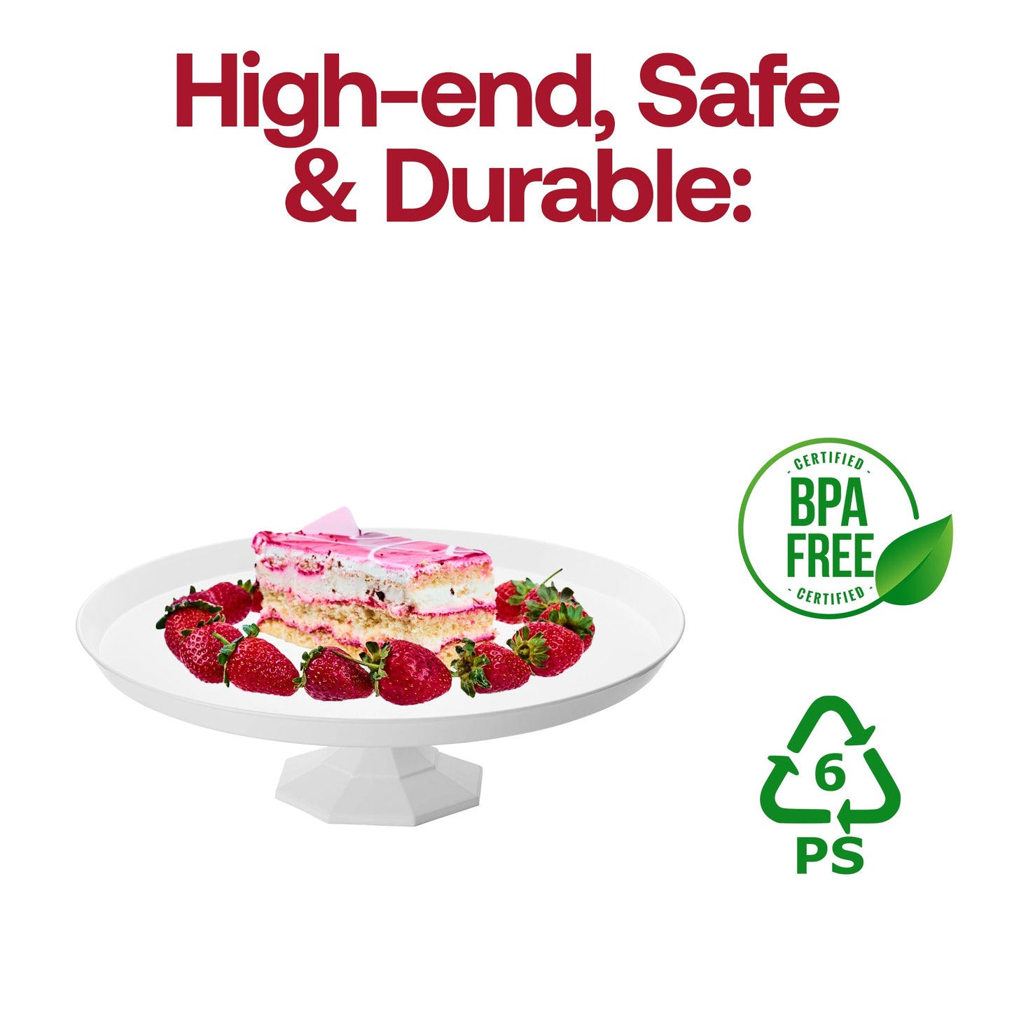 White cake stand with a strawberry-topped cake shown at a festive event, perfect for all occasions