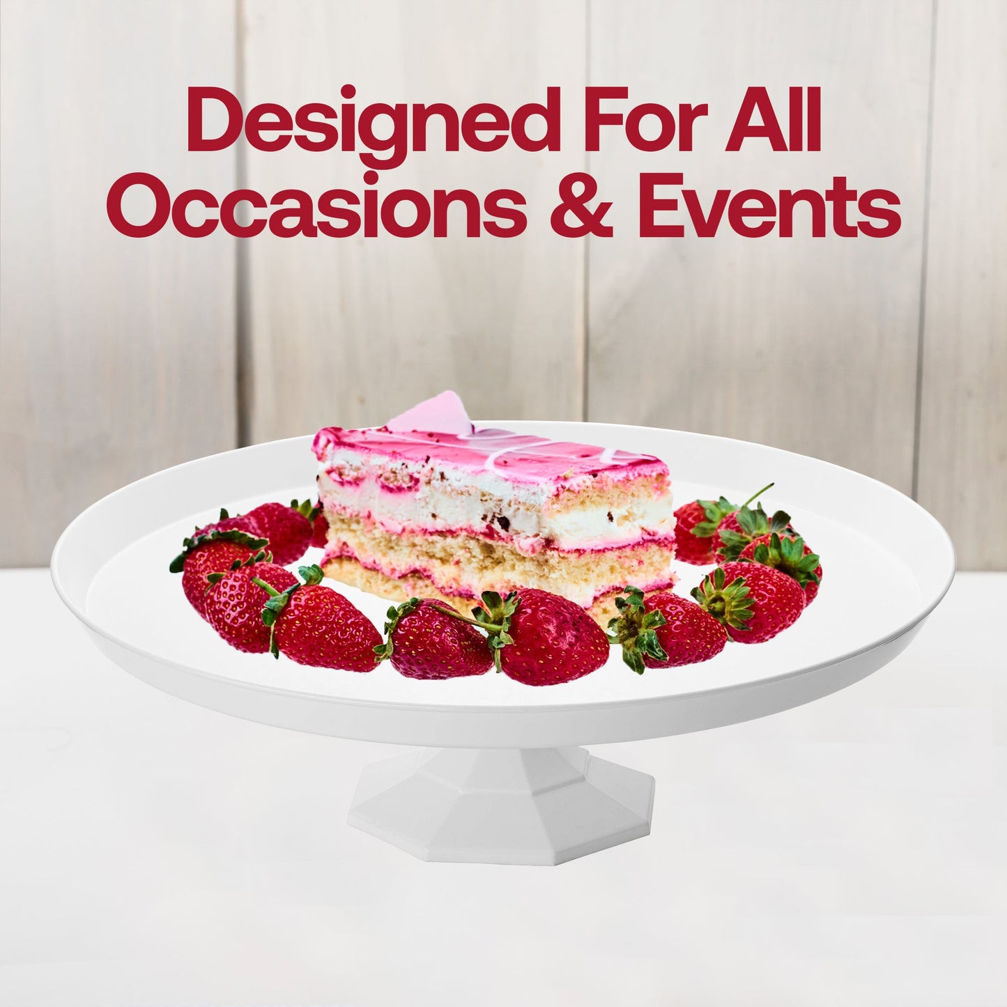 White cake stands displayed with SKU CS105W (10.5-inch top) next to CS115W (11.6-inch top) for size reference