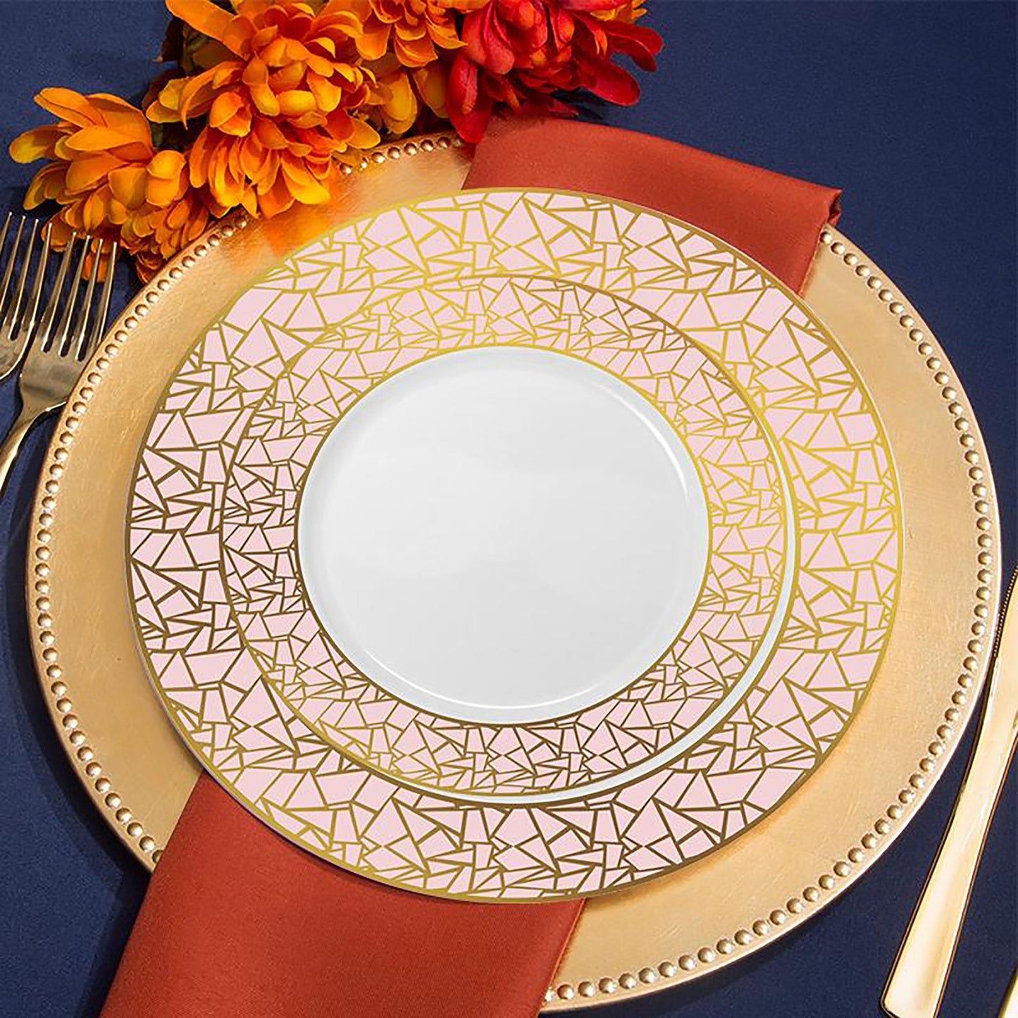 White dinner plate with an ornate pink and gold mosaic-style rim, 10.25-inch round plastic design, 120 plates included