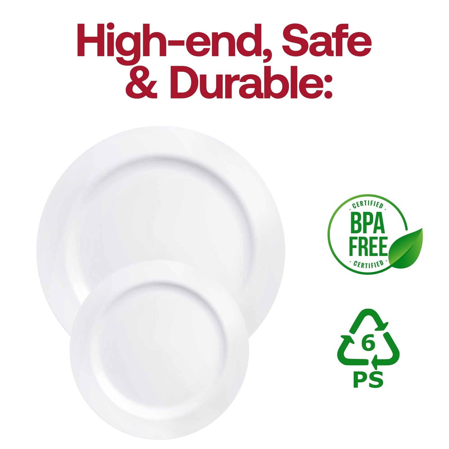 White disposable plastic buffet plates, round 9-inch design, BPA-free