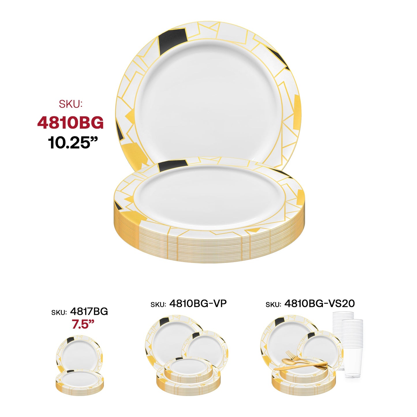 White disposable plastic dinner plates with a chic black and gold abstract squares pattern, 10.25-inch size, 120-count
