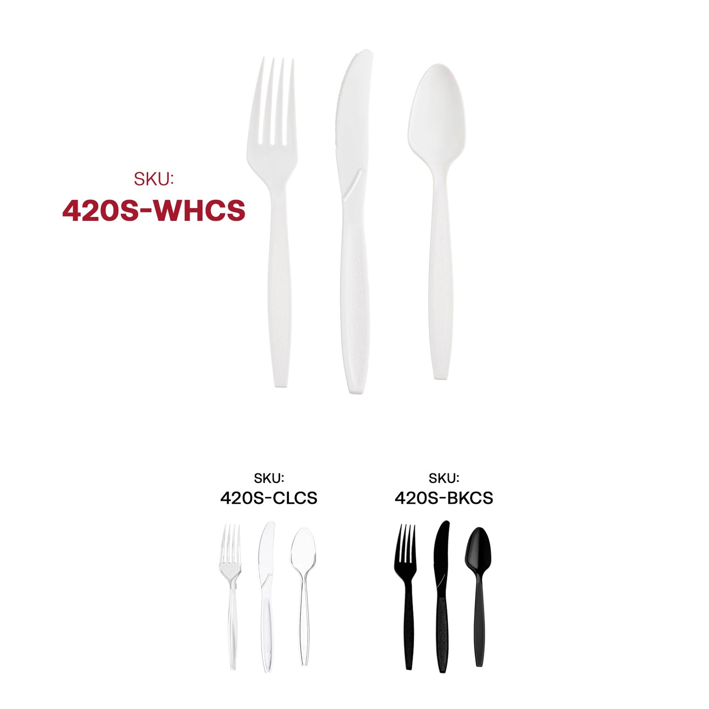 White disposable plastic forks, knives, and spoons, sturdy and lightweight, great for buffets, picnics, and everyday use