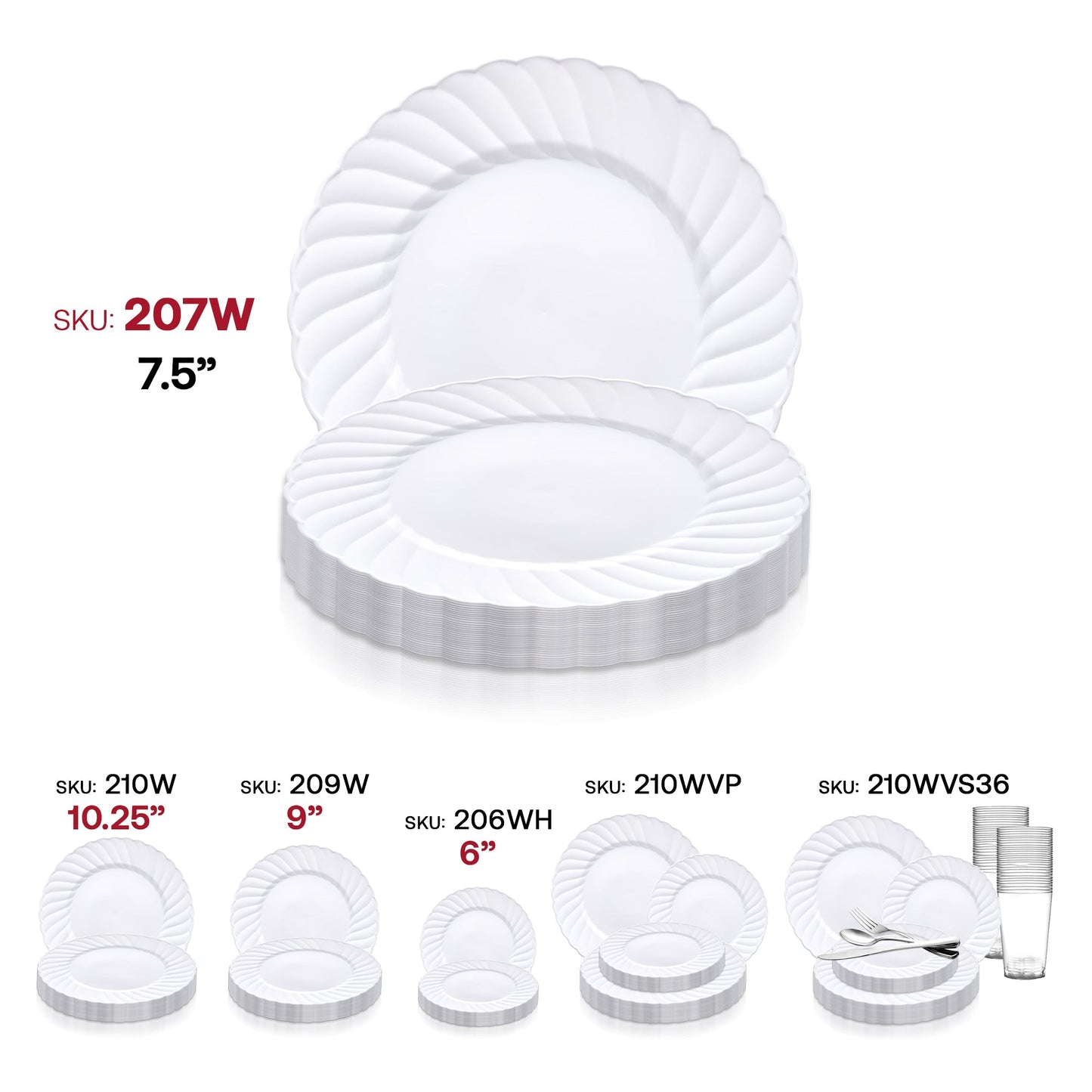 White disposable salad plates, 7.5-inch round with a flair design
