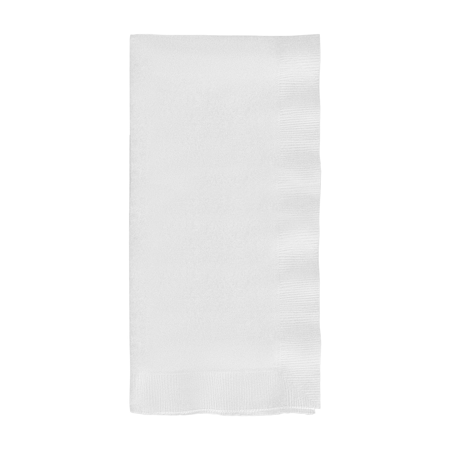 White paper dinner napkin measuring 16 x 16 inches, shown unfolded from a bulk case of 600 napkins.