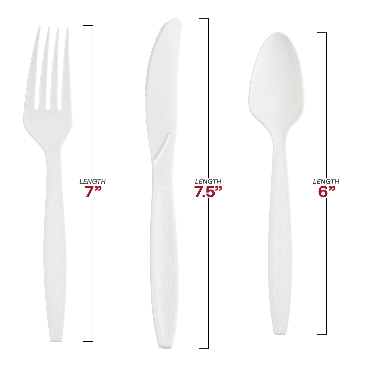 White plastic cutlery set with 7-inch forks, 7.5-inch knives, and 6-inch spoons, disposable and lightweight for easy cleanup