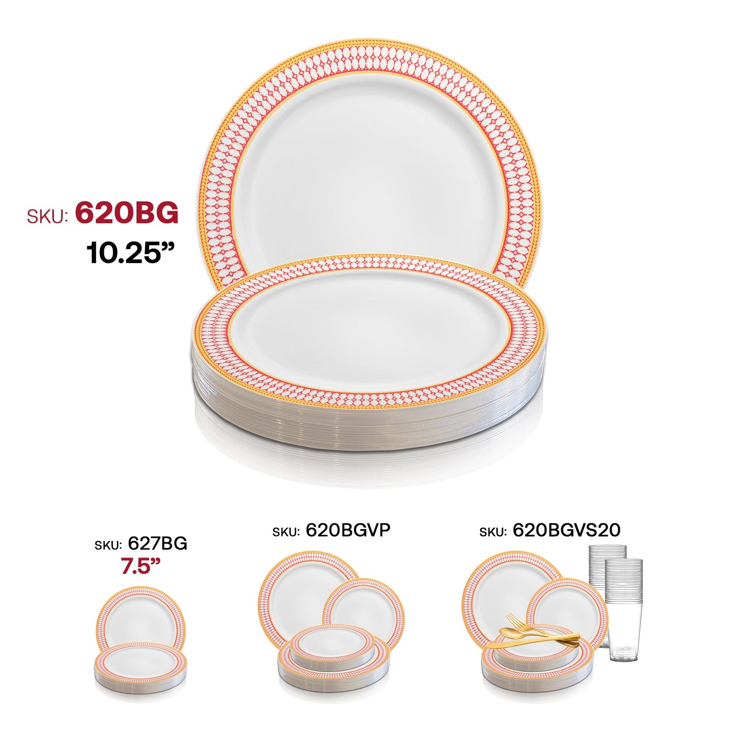 White plastic dinner plates with a bold red and gold chord rim, 10.25-inch diameter