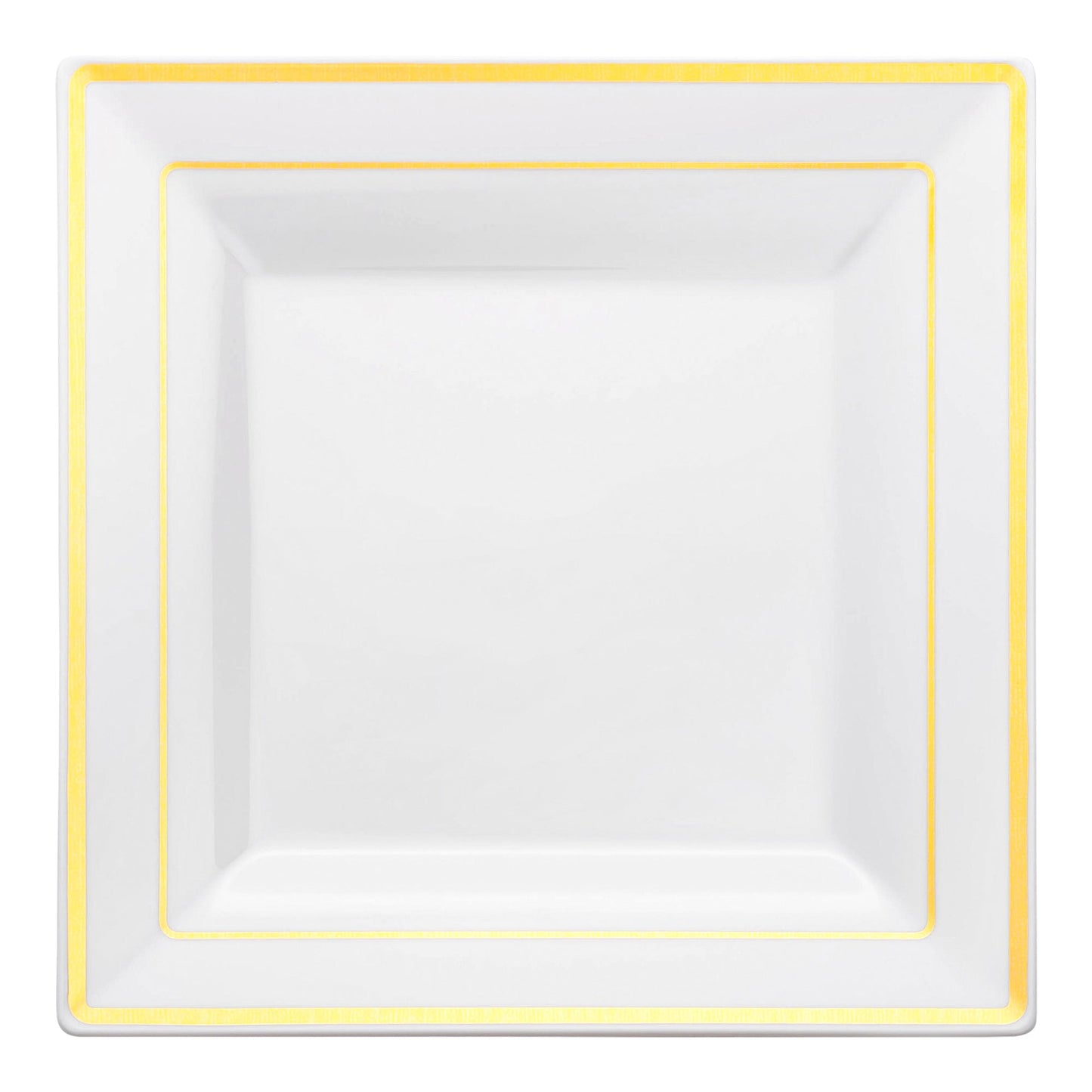 White plastic dinner plates with gold square edge rim, 9.5-inch diameter
