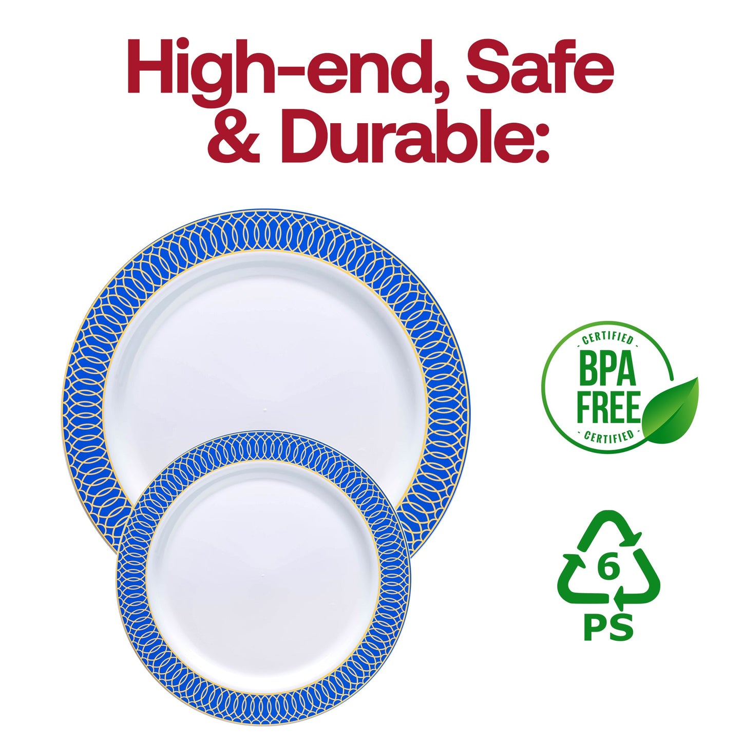 White plastic salad plates with a decorative gold spiral on a blue rim, round 7.5-inch size, BPA-free
