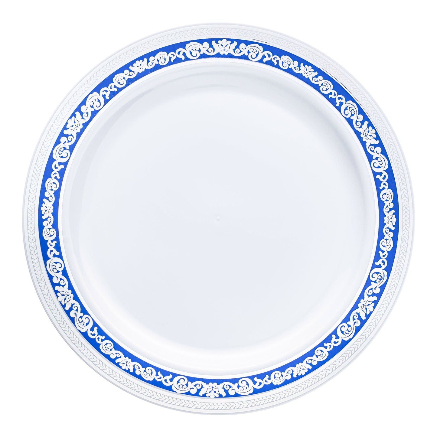 White plastic salad plates with a striking blue and silver royal rim, 7.5-inch diameter