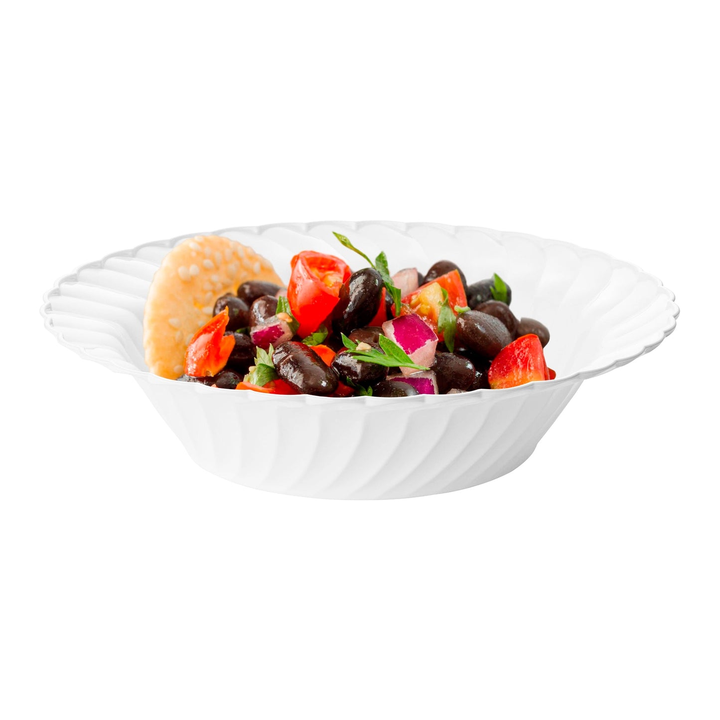 White plastic soup bowls with a 6.25-inch diameter and 12 oz. capacity, flared rim design, sold in a bulk pack of 180