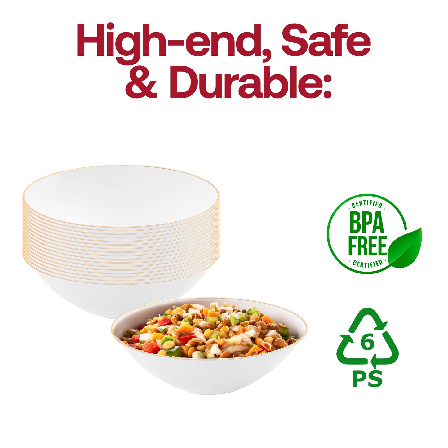 White plastic soup bowls with a decorative gold rim, round shape, 16 oz, disposable and sturdy BPA-free