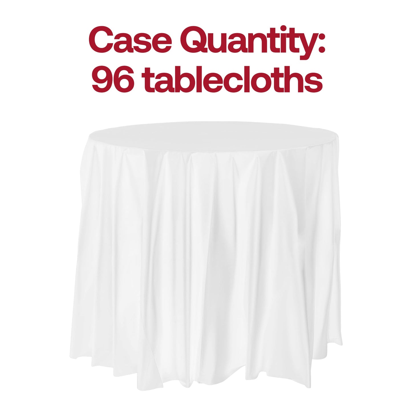 White round 84-inch plastic tablecloths, disposable and perfect for birthdays, weddings, and banquets, case includes 96 pieces.