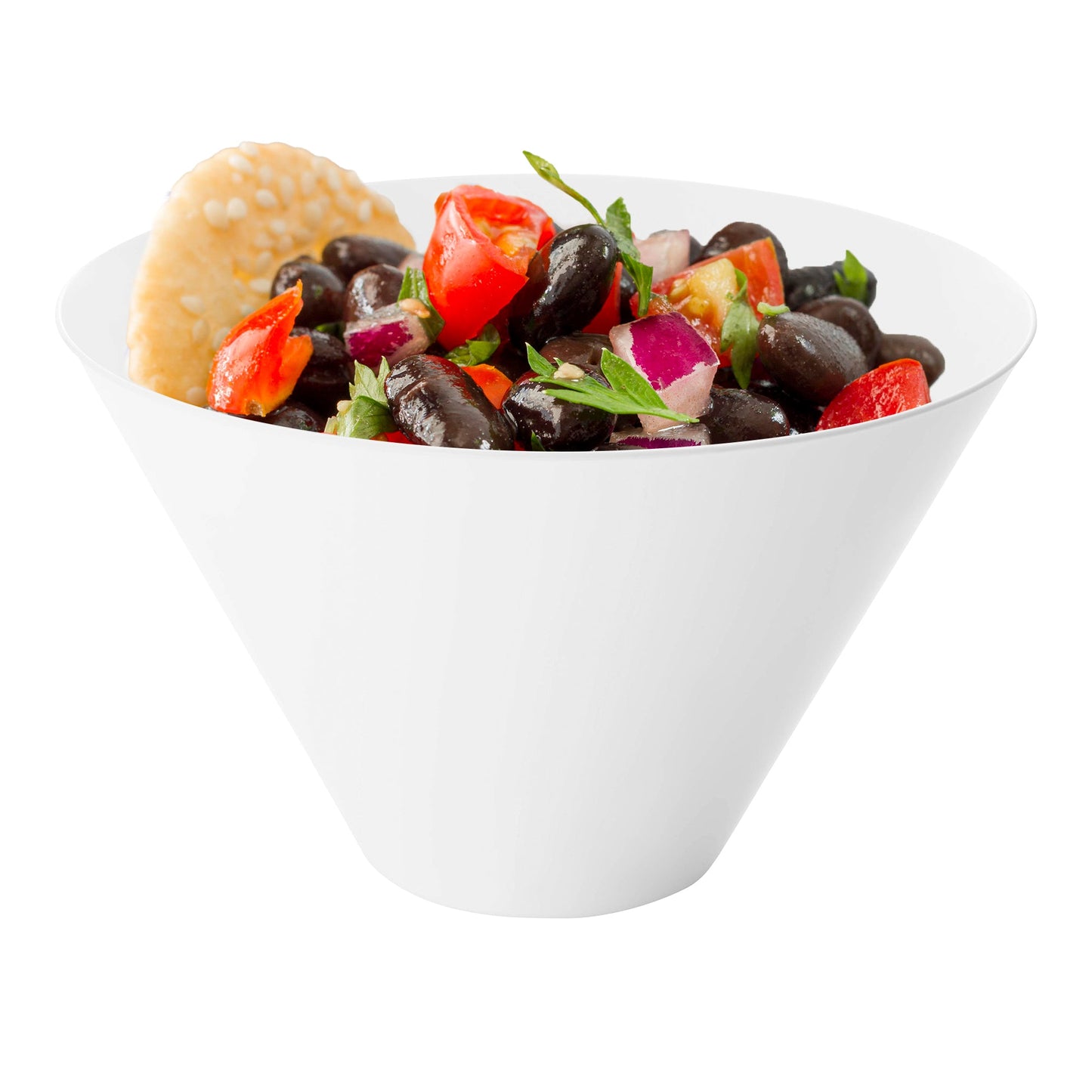 White round deep bowl filled with a fresh garden salad, ideal for buffet tables and family-style meals