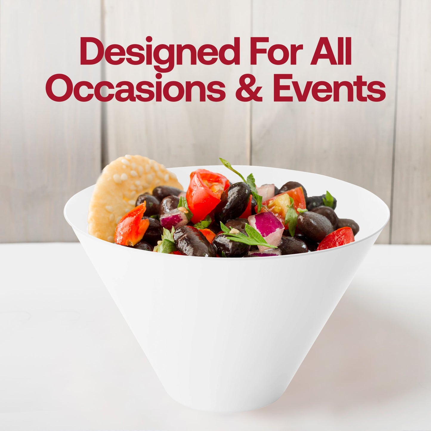 White round deep serving bowl used at a formal event, elegantly presenting a fresh salad, designed for all occasions from casual to upscale