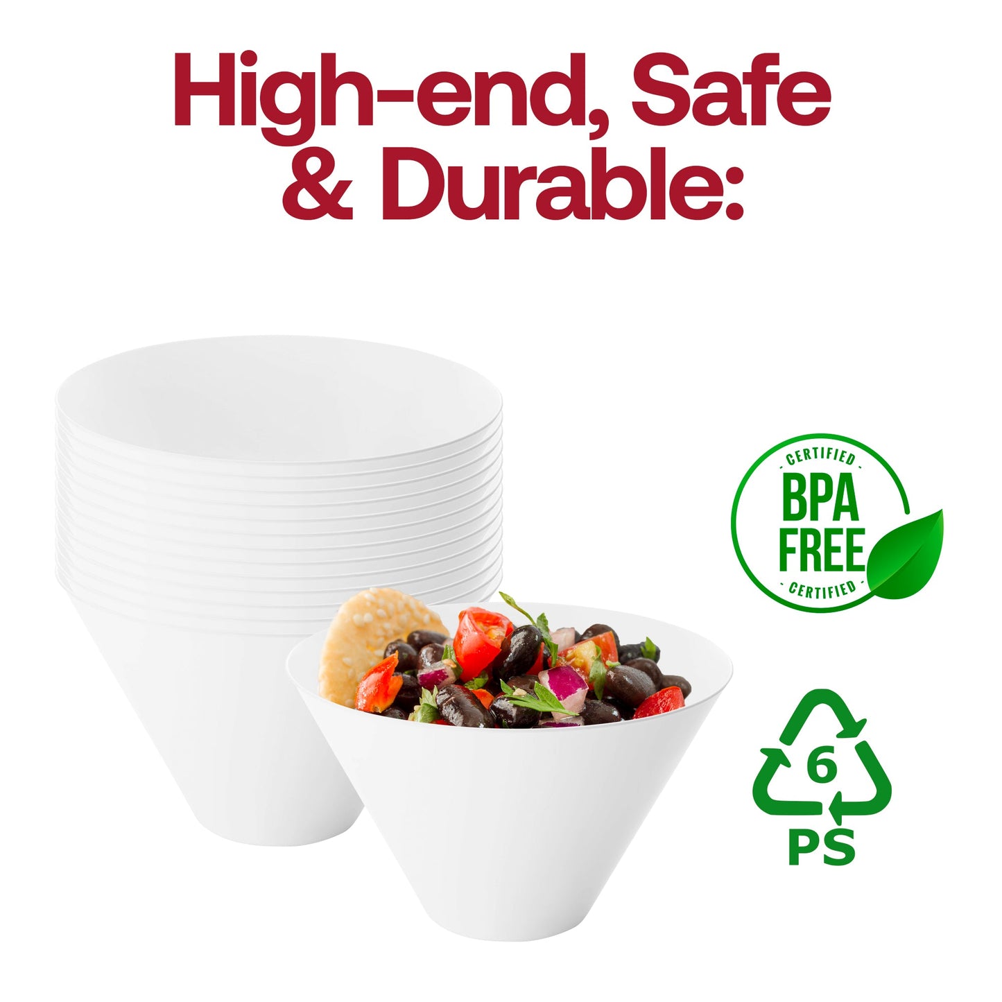 White round deep serving bowl with a top diameter of 9.5 inches, a height of 6 inches, and a bottom diameter of 3.75 inches, designed for large servings
