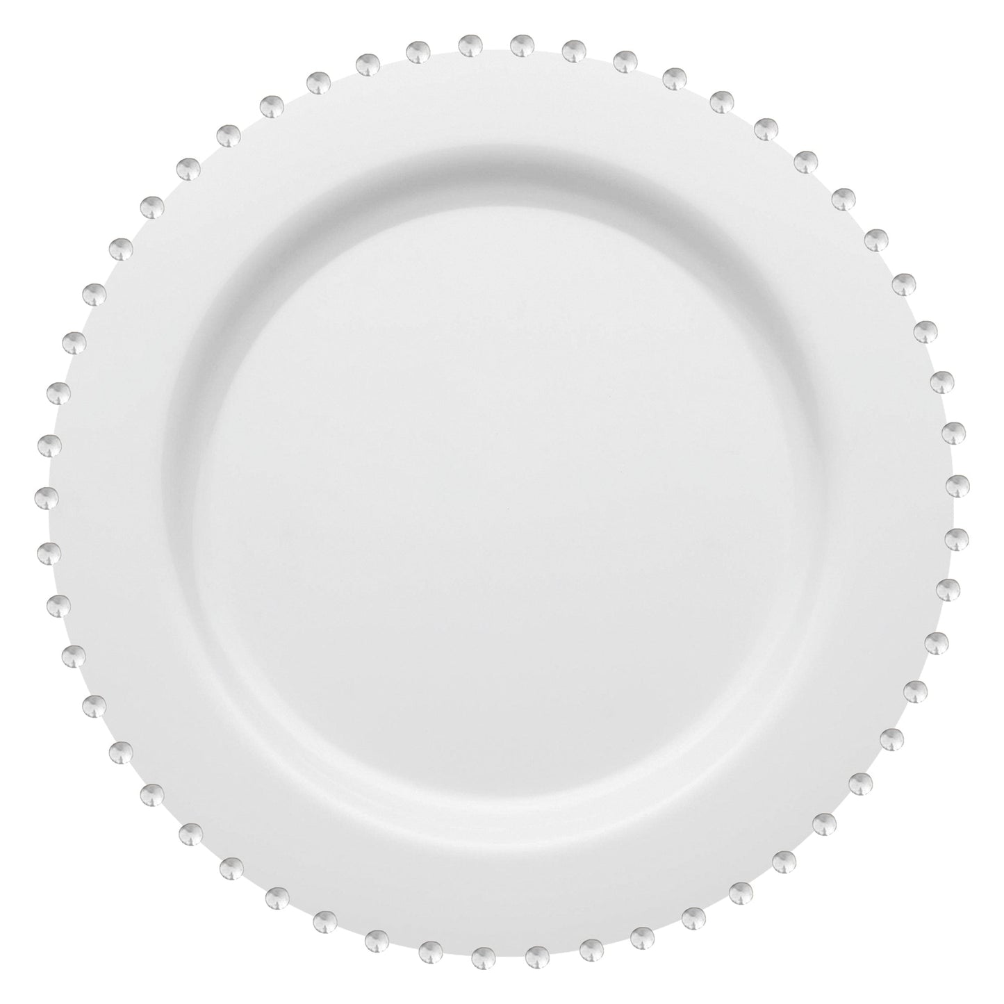 White round disposable plastic dinner plates with a silver pearl string rim