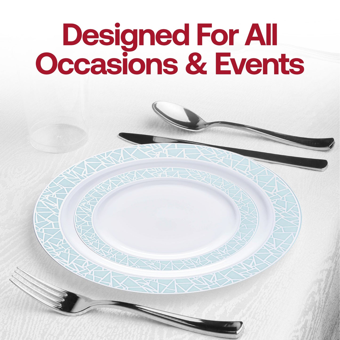 White round disposable plastic salad plates adorned with a turquoise blue and silver mosaic rim, 7.5-inch size, pack of 120
