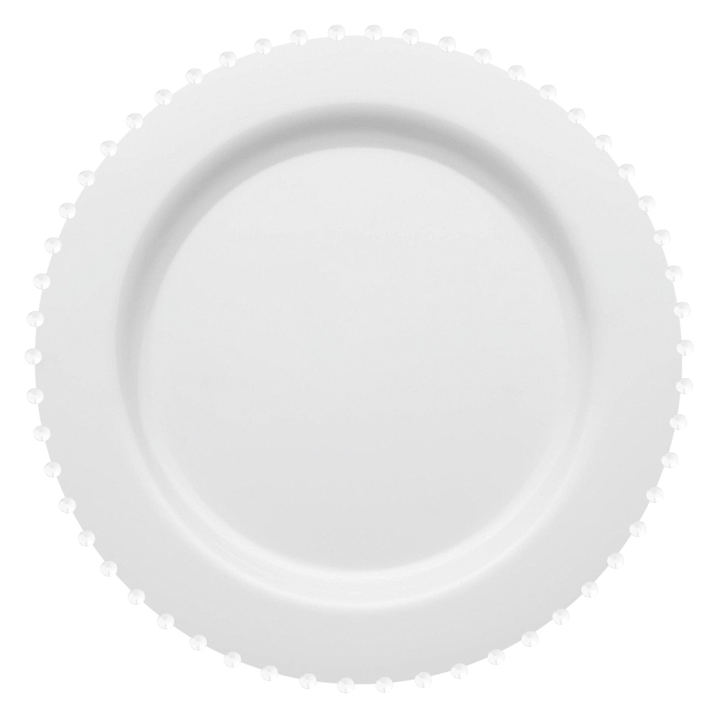 White round disposable plastic salad plates with a pearl string design