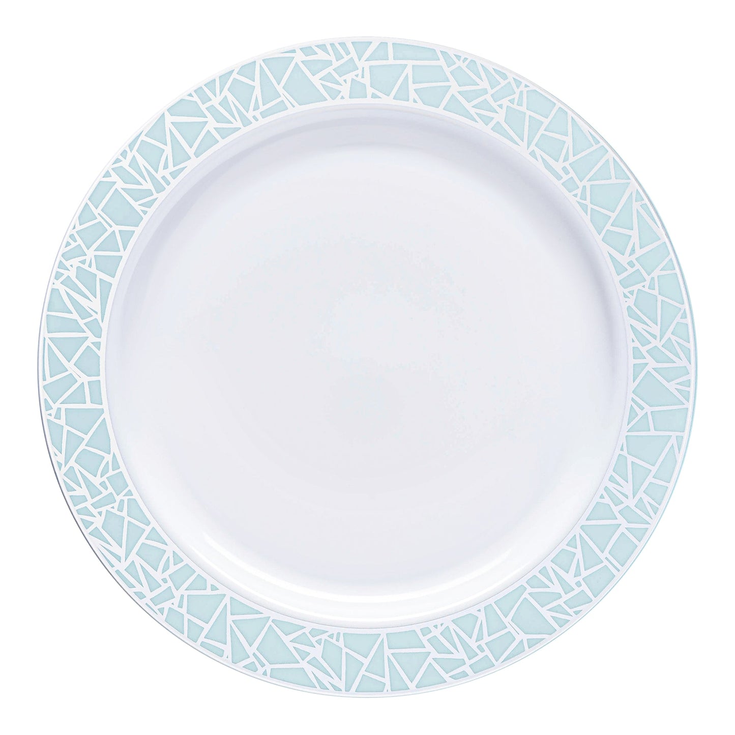 White round plastic appetizer and salad plates with a turquoise blue and silver mosaic rim