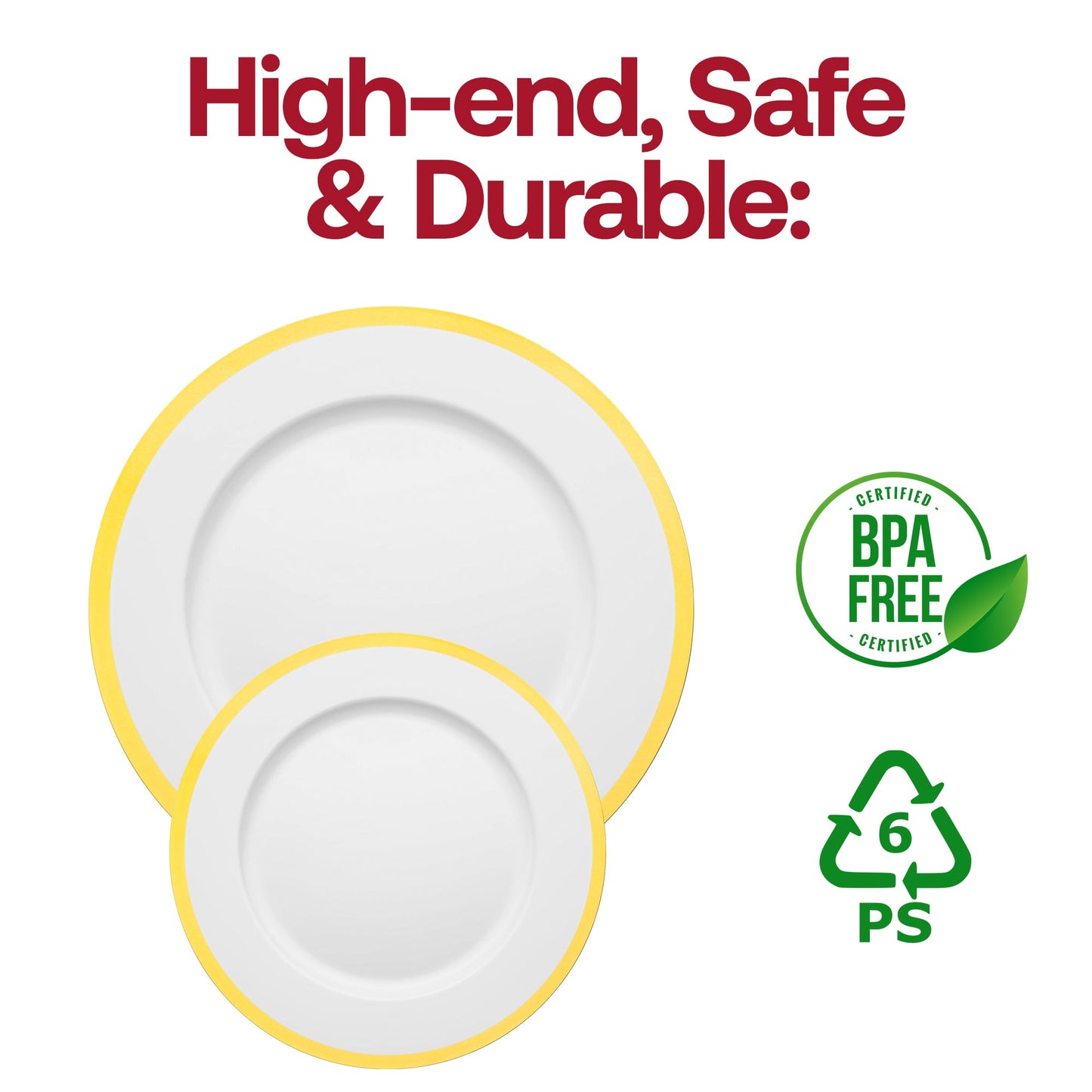 White round plastic charger plates with a metallic gold rim, disposable, 13-inch size, BPA-free