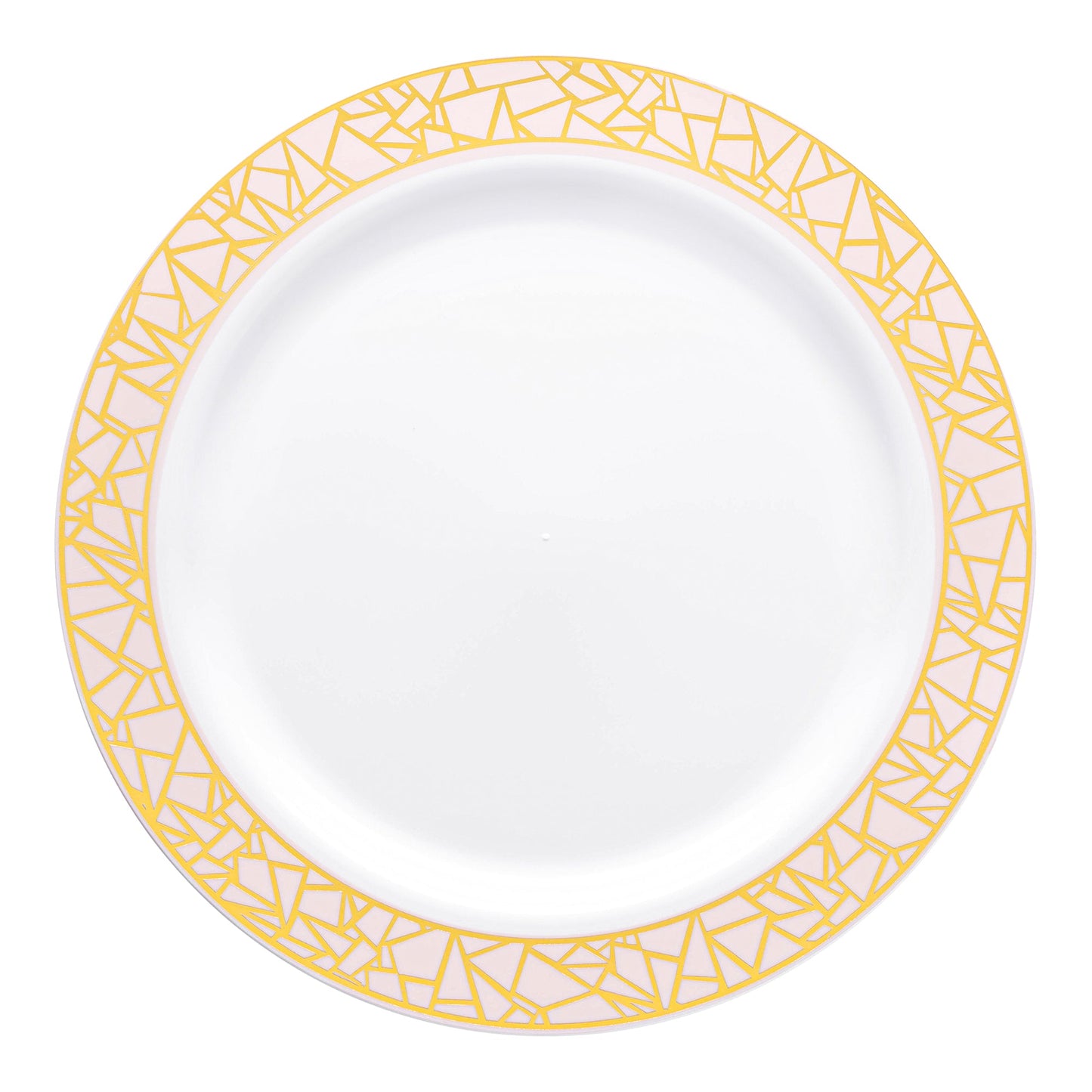 White round plastic dinner plate with a pink and gold mosaic rim