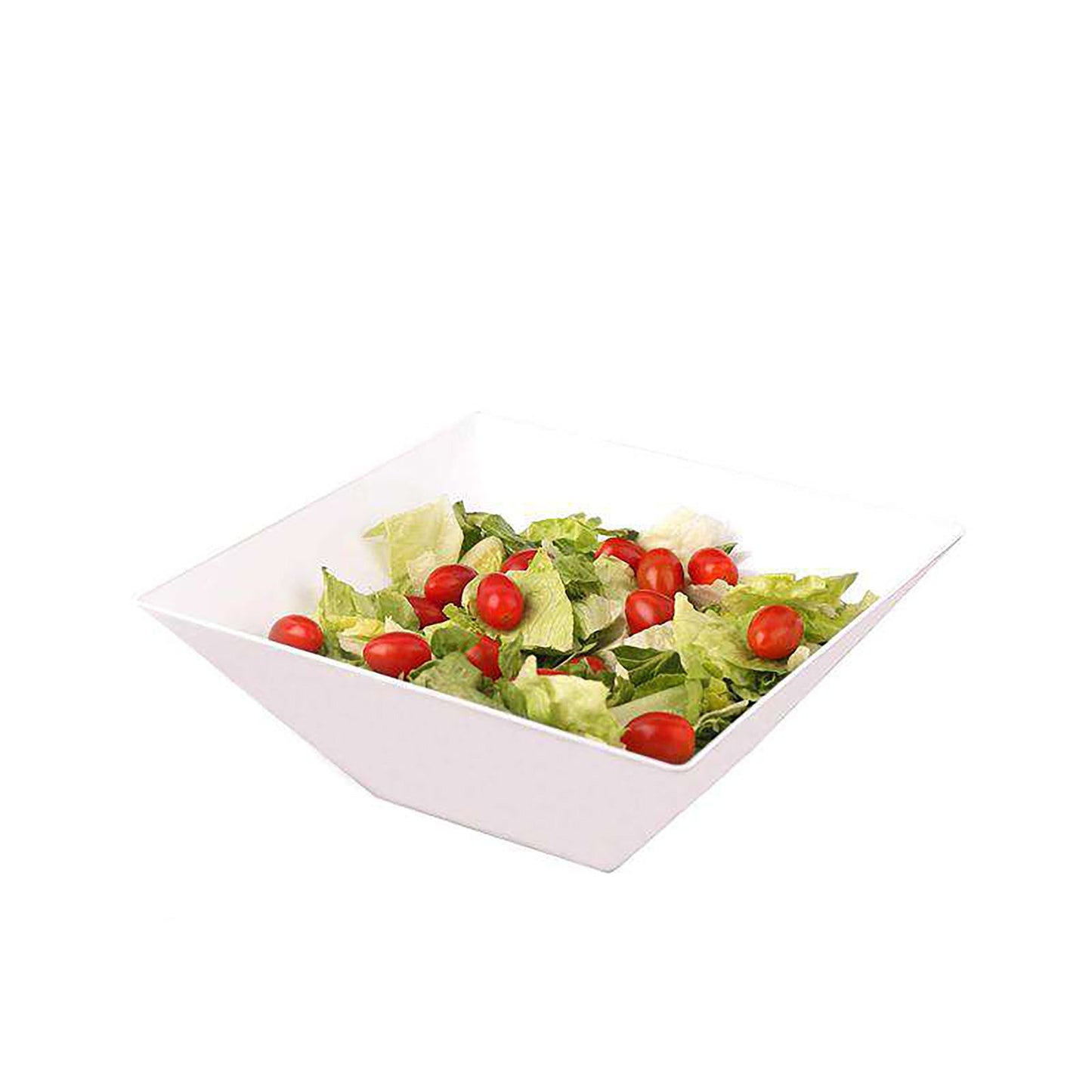 White square bowl filled with a fresh garden salad, perfect for buffet-style meals and large gatherings
