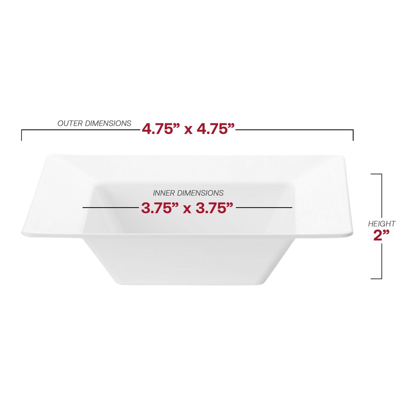 White square plastic dessert bowls, measuring 4.75 inches, 5 oz capacity, ideal for serving treats, pack of 120