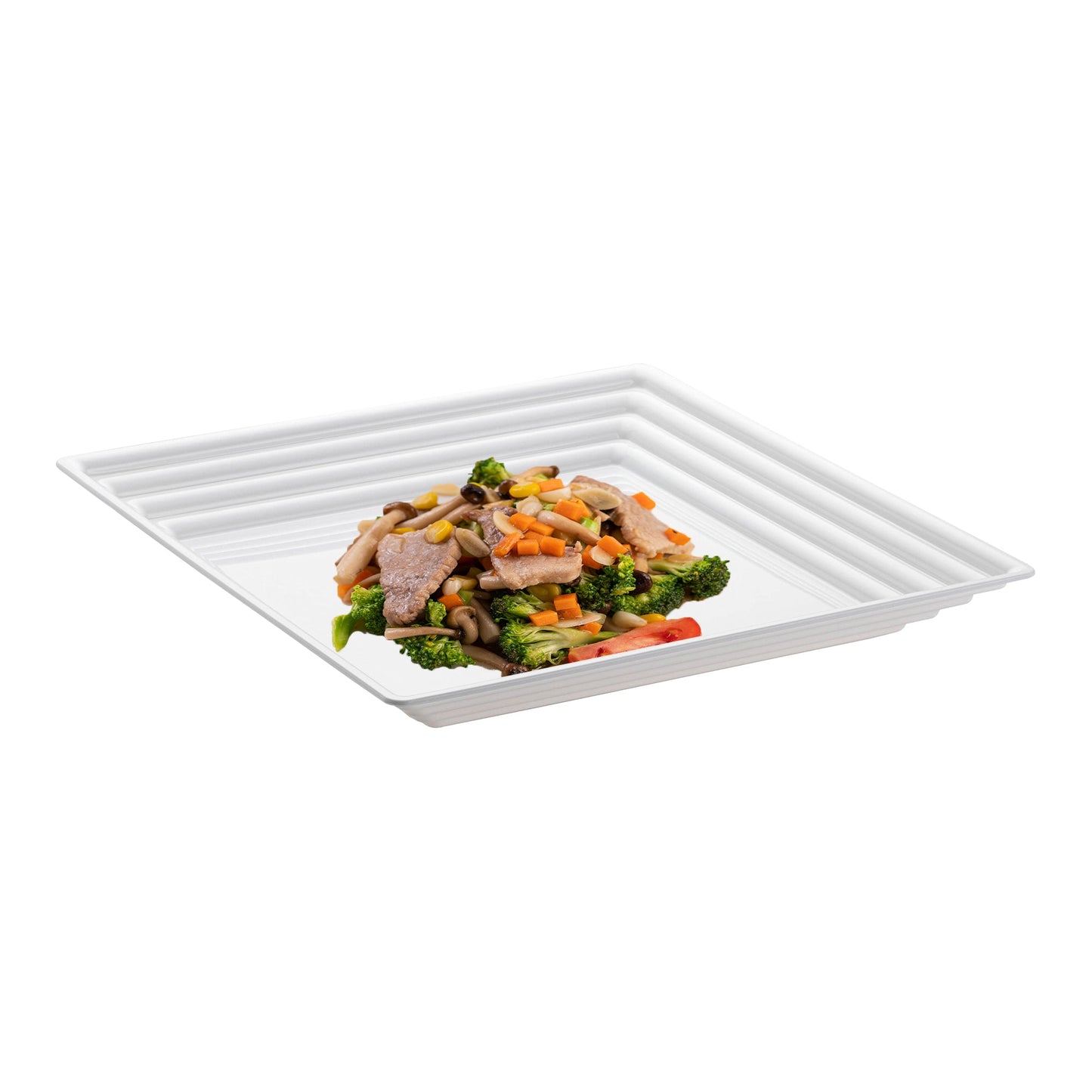 White square serving tray with groove rim filled with grilled meat and a colorful salad, perfect for balanced meal presentations