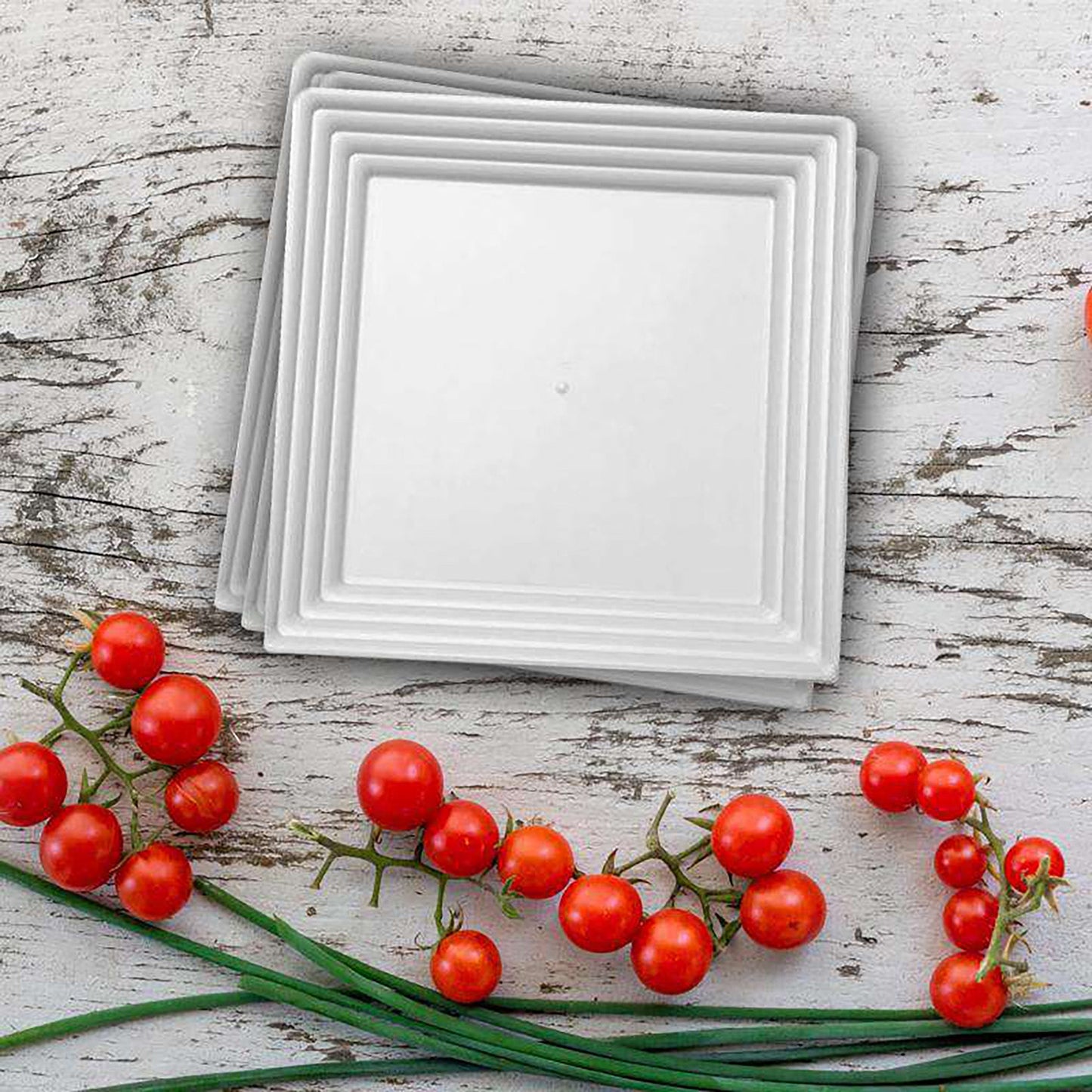White square tray (SKU 7916) shown alongside matching trays in black and clear, offering versatile styling options for any event