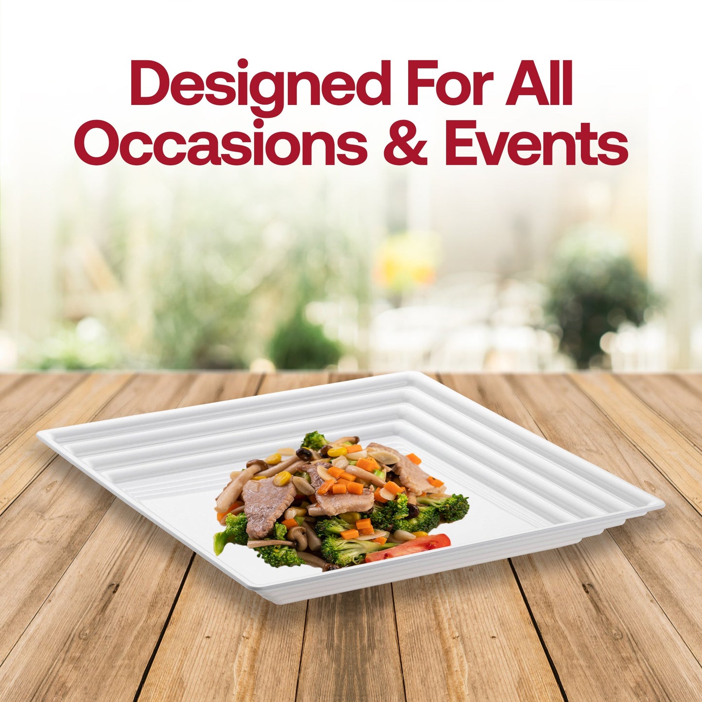White square tray used at a wedding reception, presenting assorted hors d'oeuvres in an elegant setting