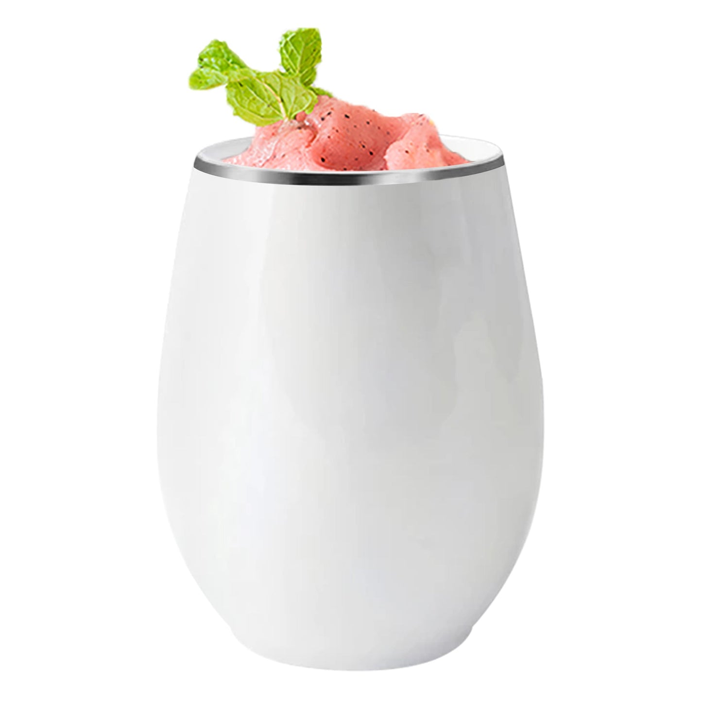 White stemless plastic wine glasses with silver accents, 12 oz capacity, ideal for weddings, parties, and special occasions