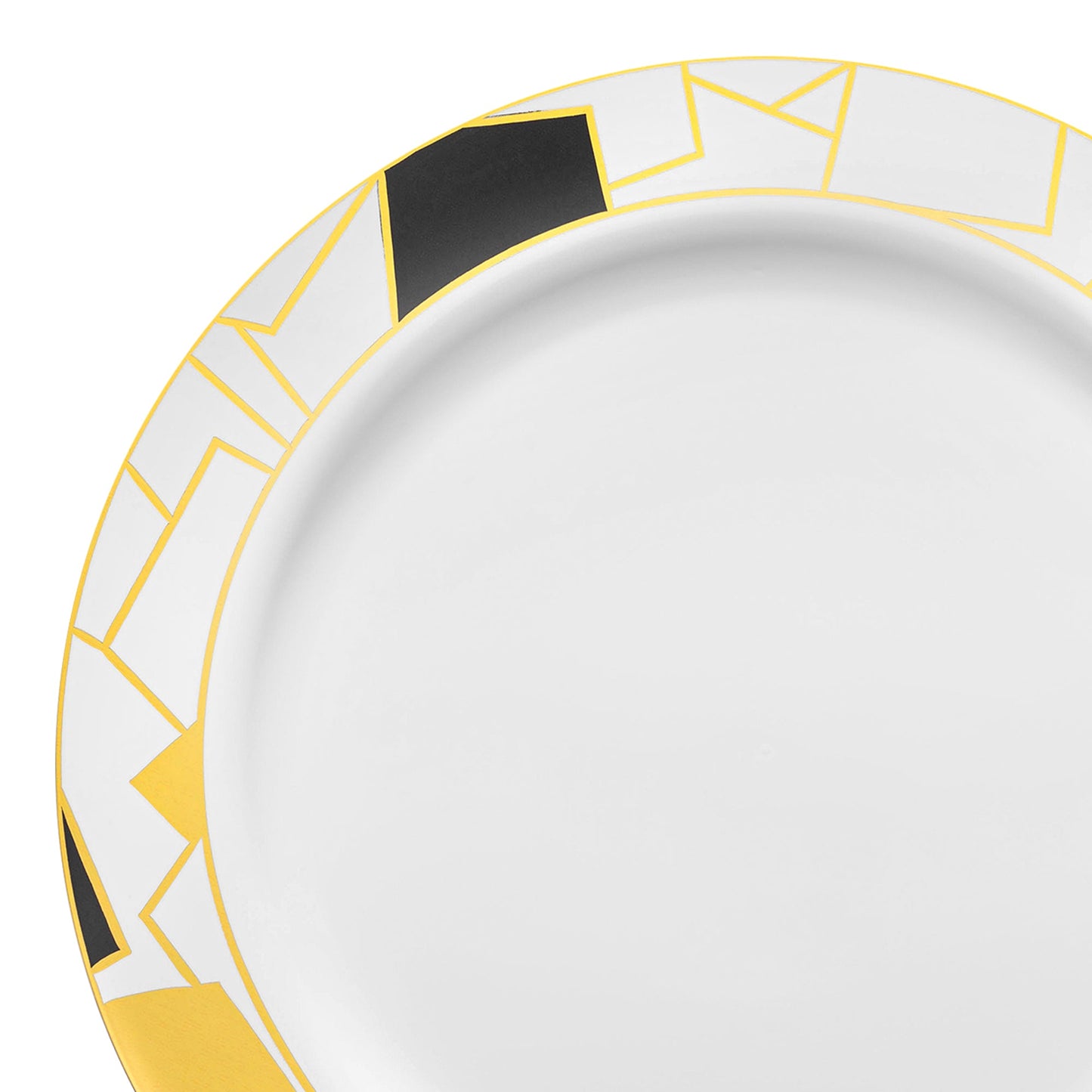 White with Black and Gold Abstract Squares Pattern Round Disposable Plastic Dinner Plates