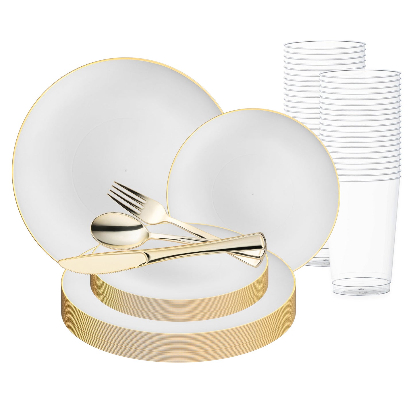 White with Gold Rim Organic Round Disposable Plastic Wedding Value Set with gold cutlery, featuring a refined white design accented with a lavish gold rim, making it the ideal choice for a sophisticated wedding affair