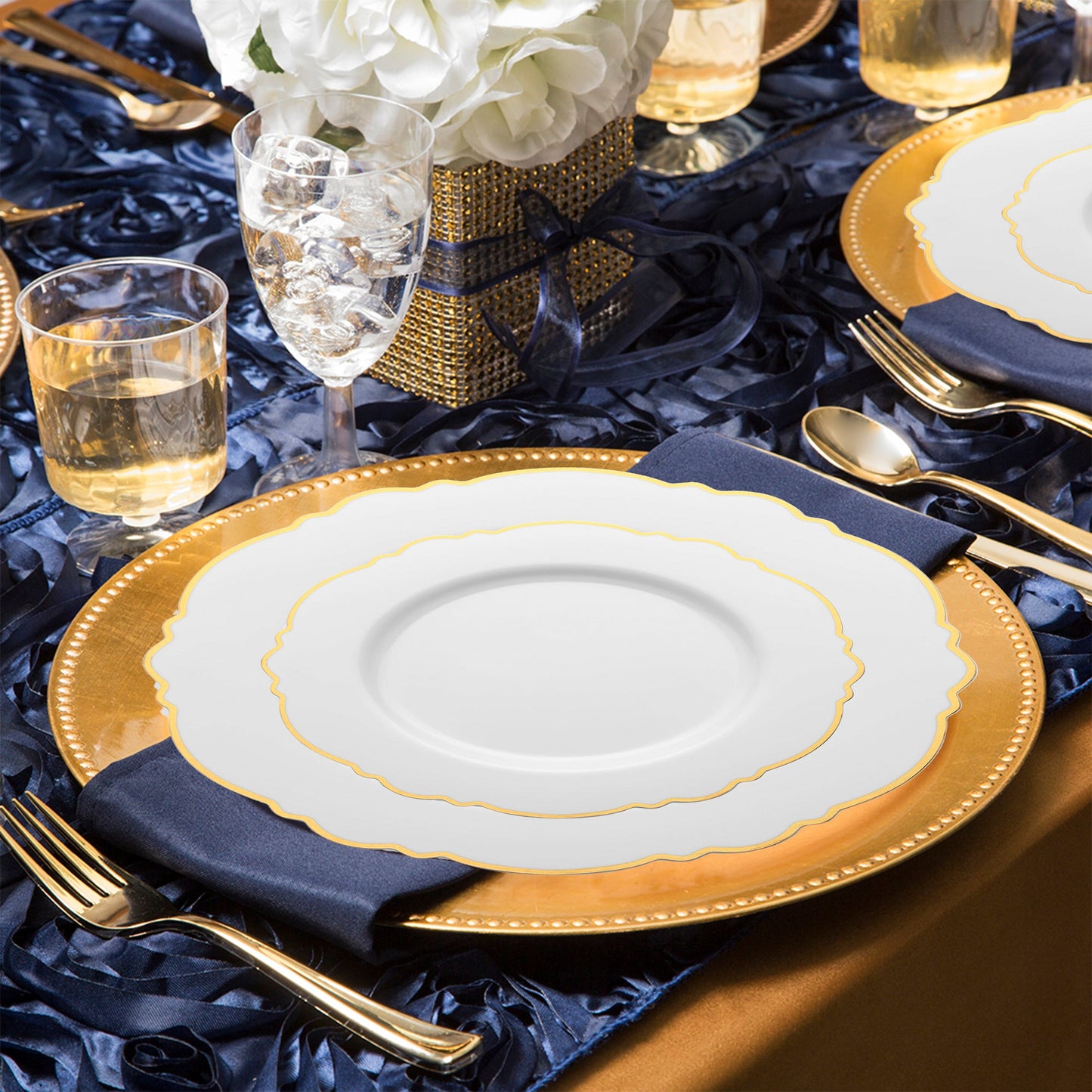 White with Gold Rim Round Blossom Disposable Plastic Wedding Value Set, SKU 4840WHG-VS20, includes 10" dinner plates, 7.5" appetizer plates, 7.25" forks, 8" knives, 6.25" spoons, and 4.5" cups